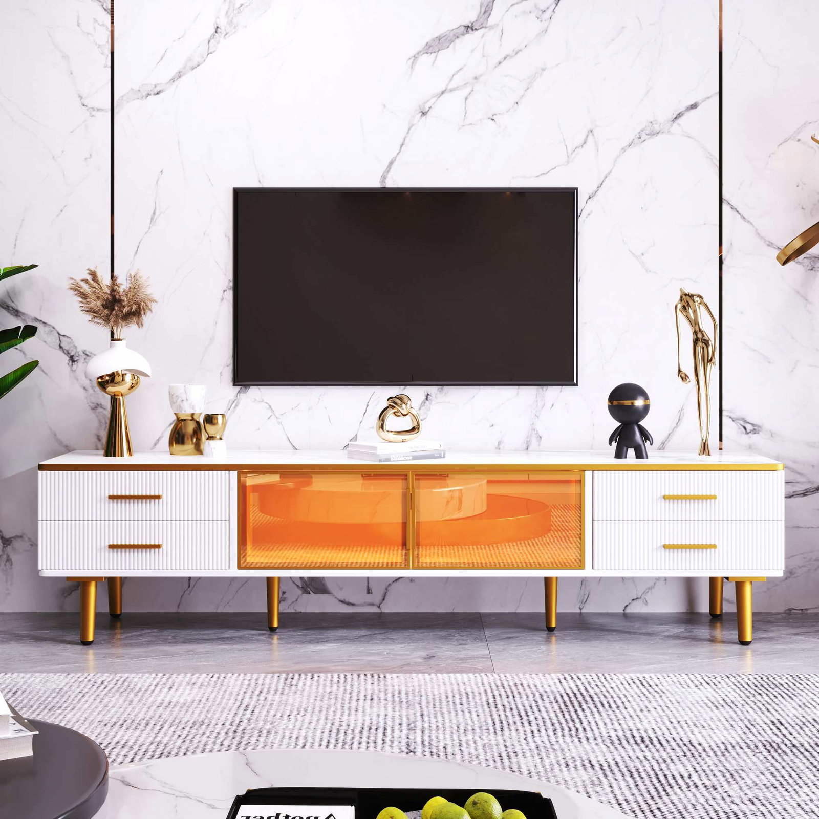 TV-bord med LED, marmorlook, glasdøre, 170 cm