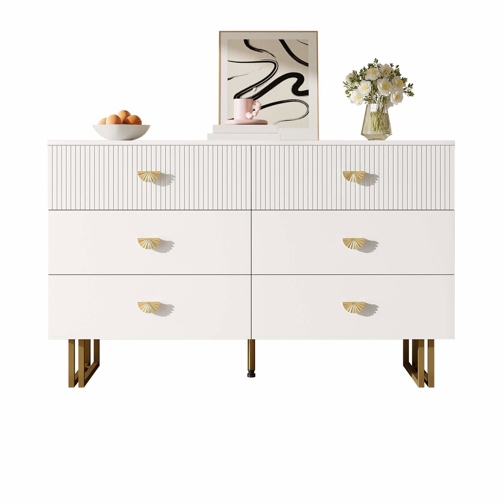 Hvid skænk med 6 skuffer – MDF og stål, 120x40x75 cm
