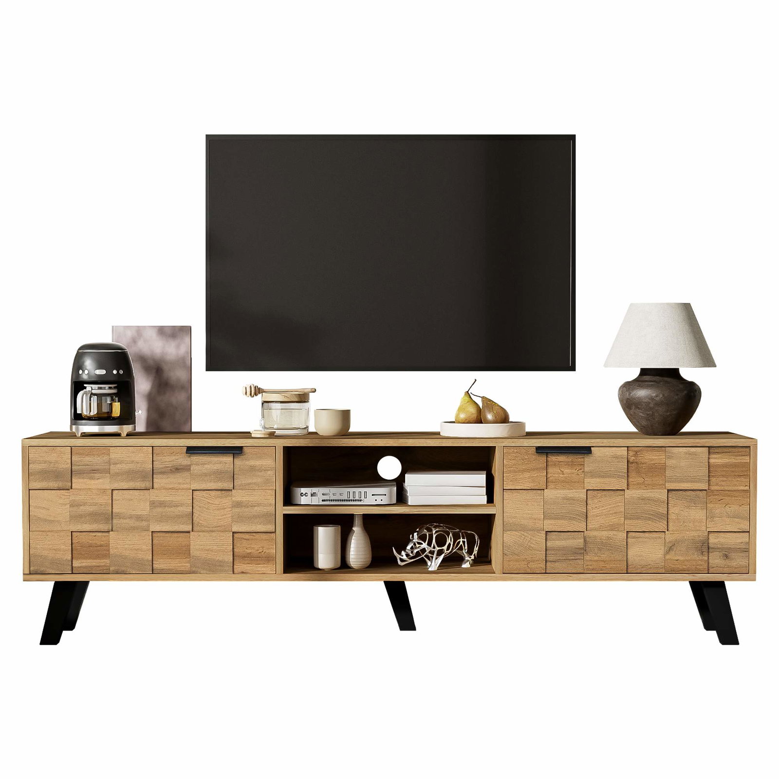 Moderne TV-bord med døre og åbne hylder – 160,5 cm