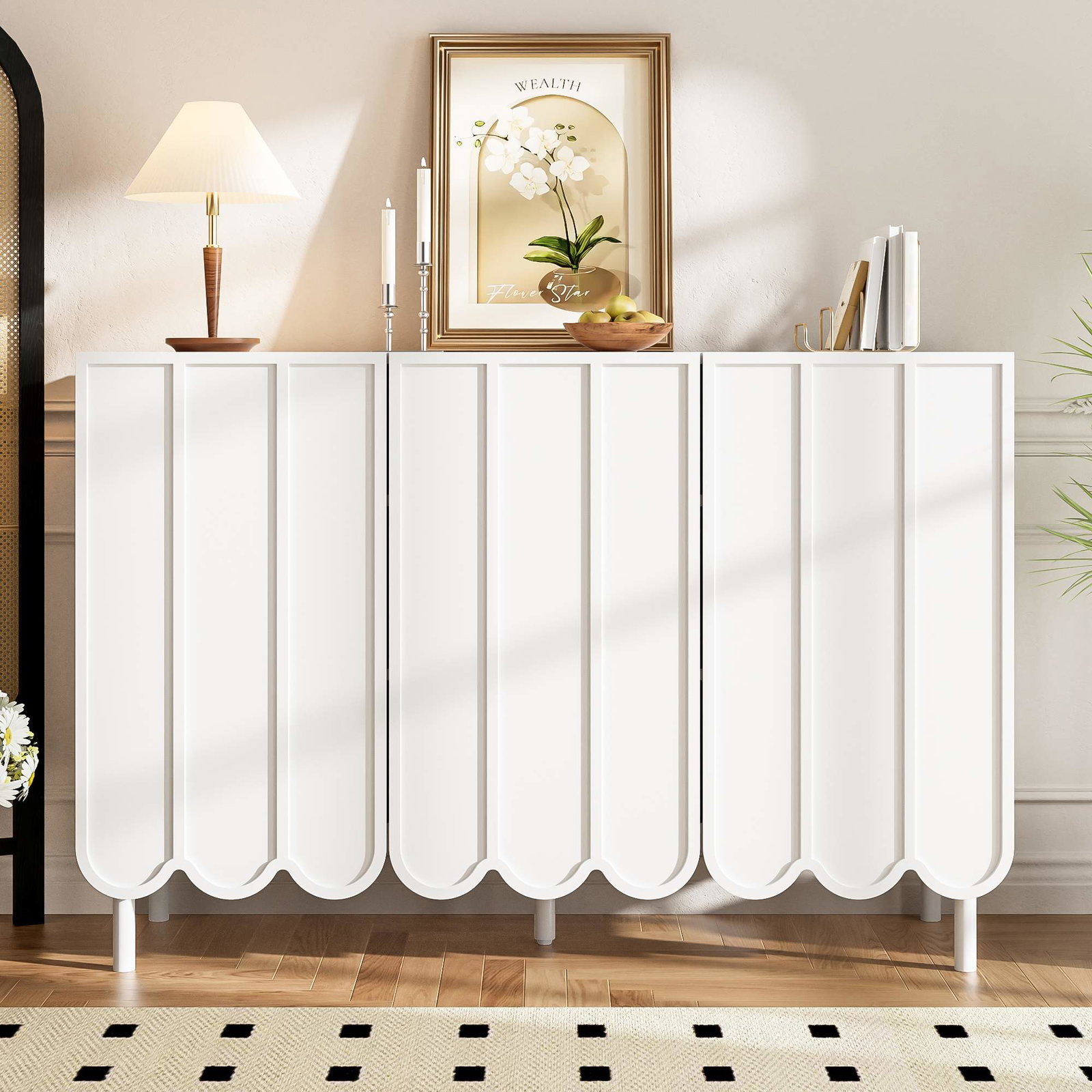 Hvid skænk med bølgeformede låger – justerbare hylder, 120x35x80 cm