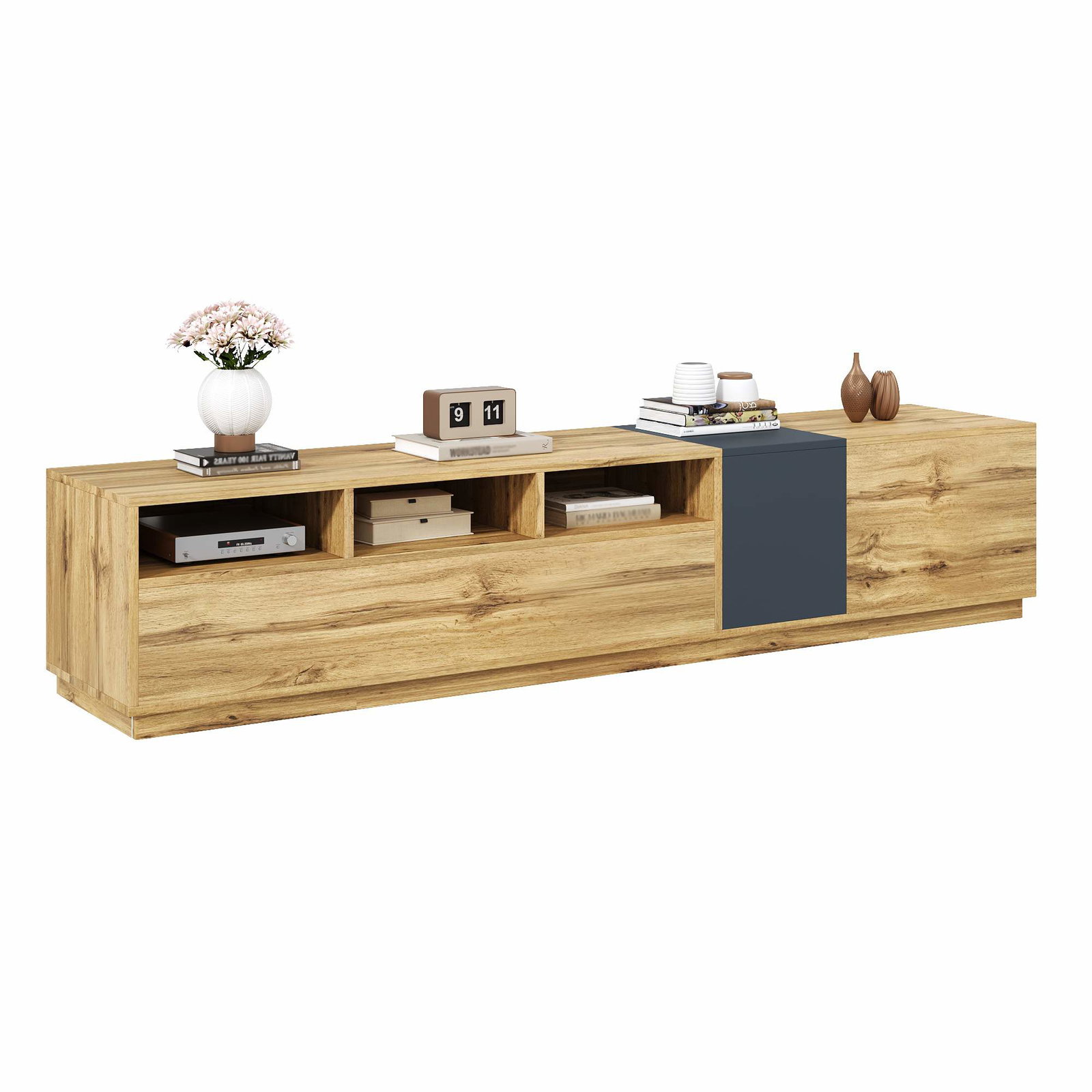 Moderne TV-bord – Sort, grå og træ, 200 cm