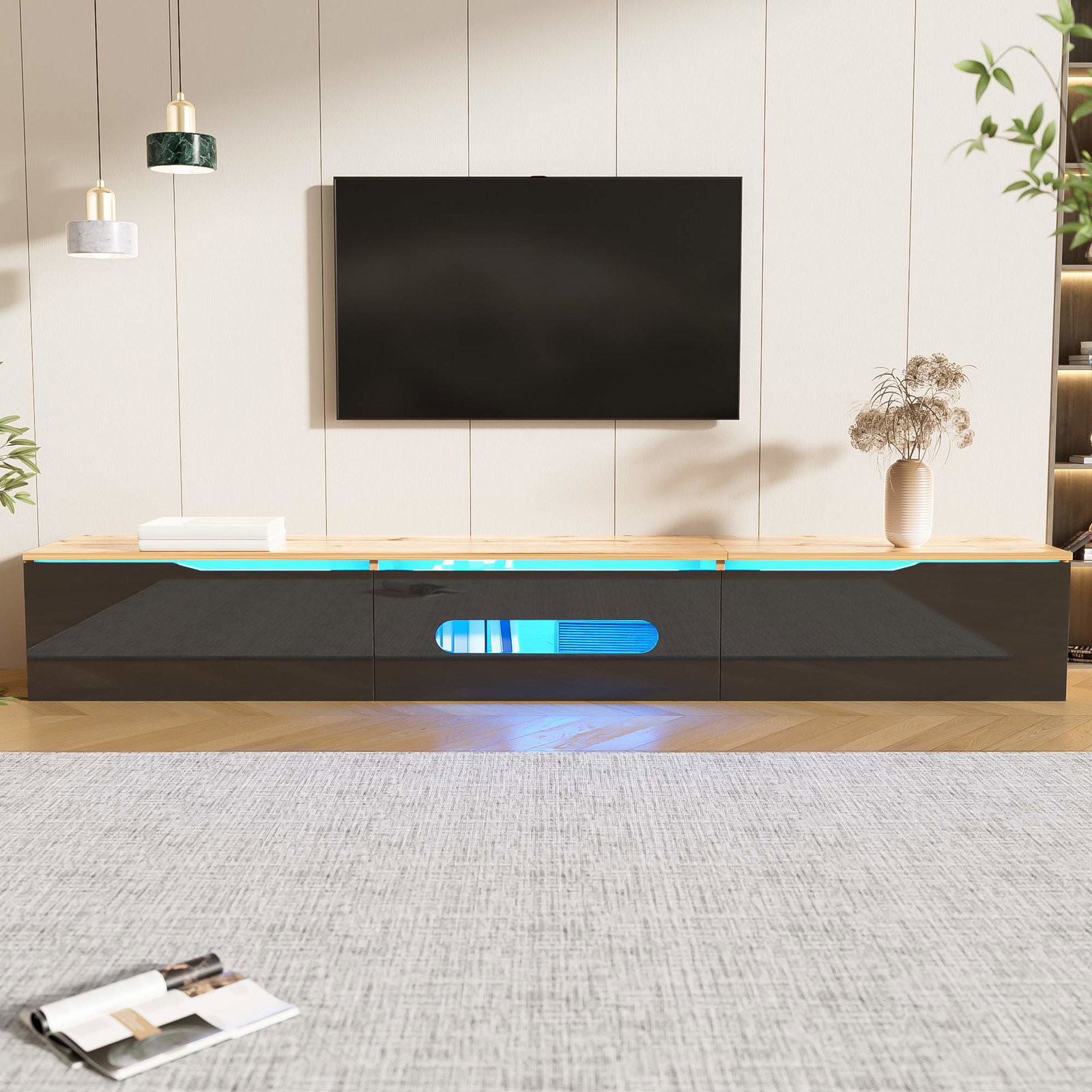 Vægmonteret TV-bord, 180 cm, LED-lys, blank finish