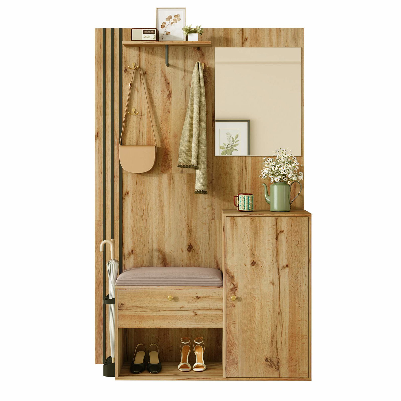 Garderobe til entré med spejl, MDF, justerbare hylder