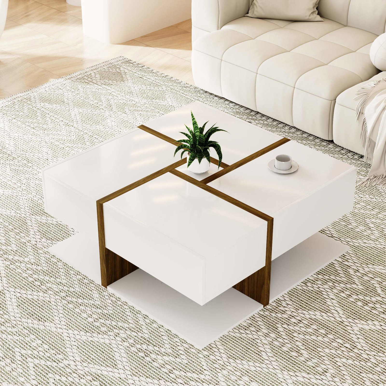 Højglans sofabord med skuffer – 78x78x34,8 cm