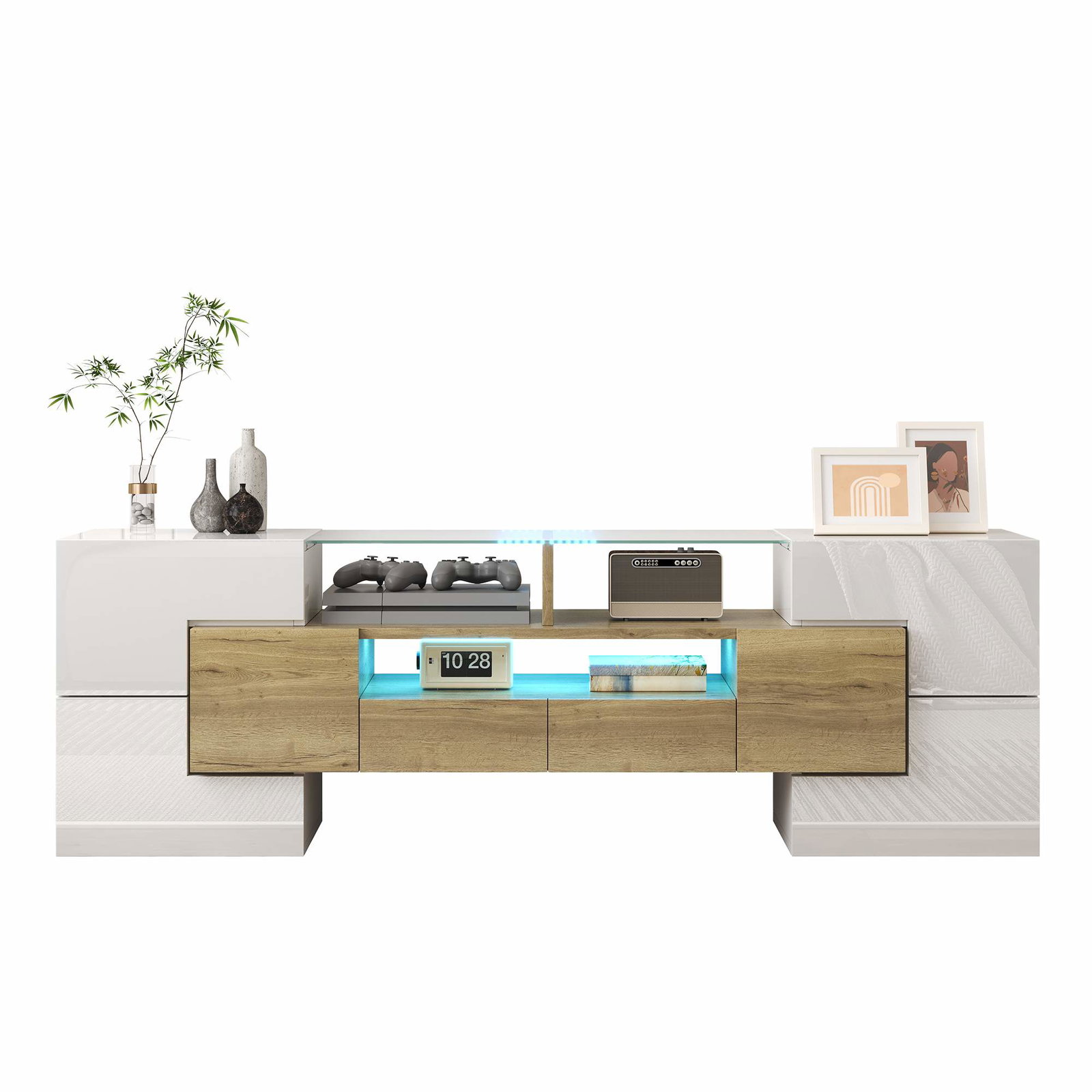 Hvidt TV-bord med LED-lys – 145 cm, glasplade