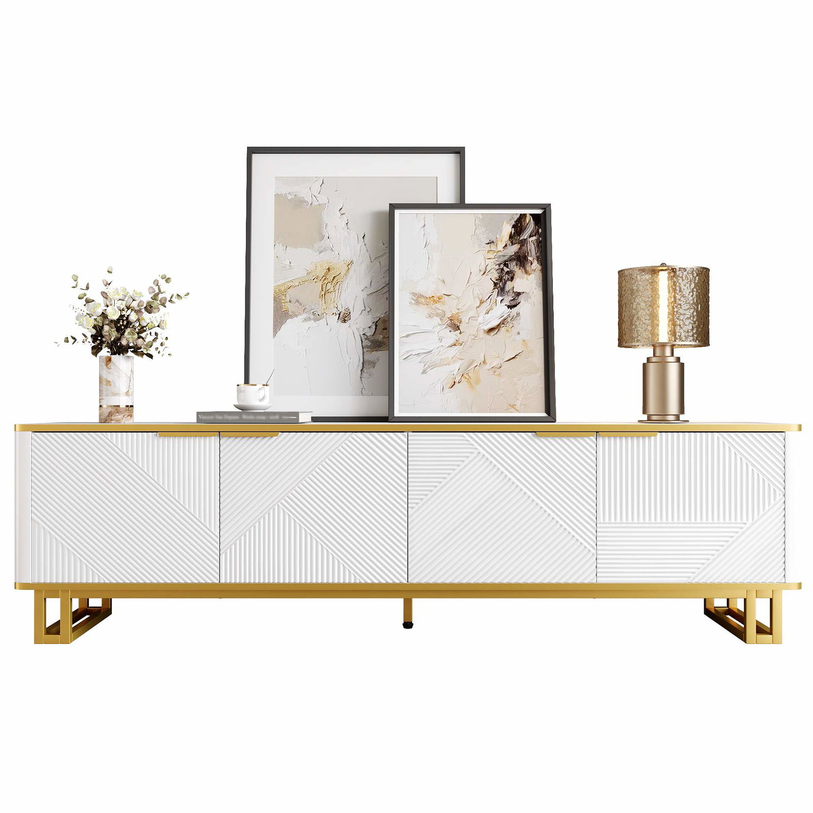 Hvid & guld geometrisk tv-bord – 160 cm, MDF, opbevaring