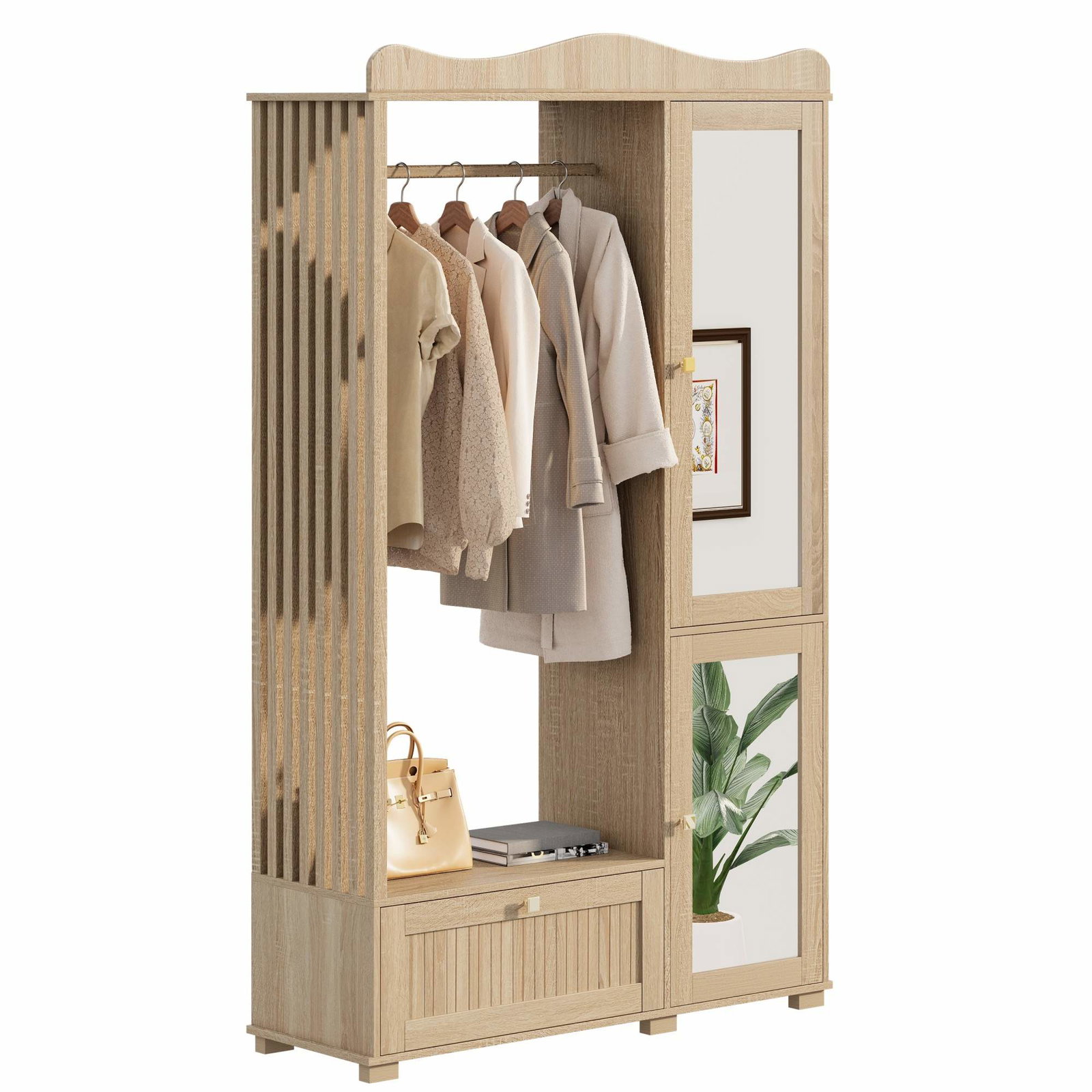Garderobe med spejl og åben skinne – MDF, egetræsfinish
