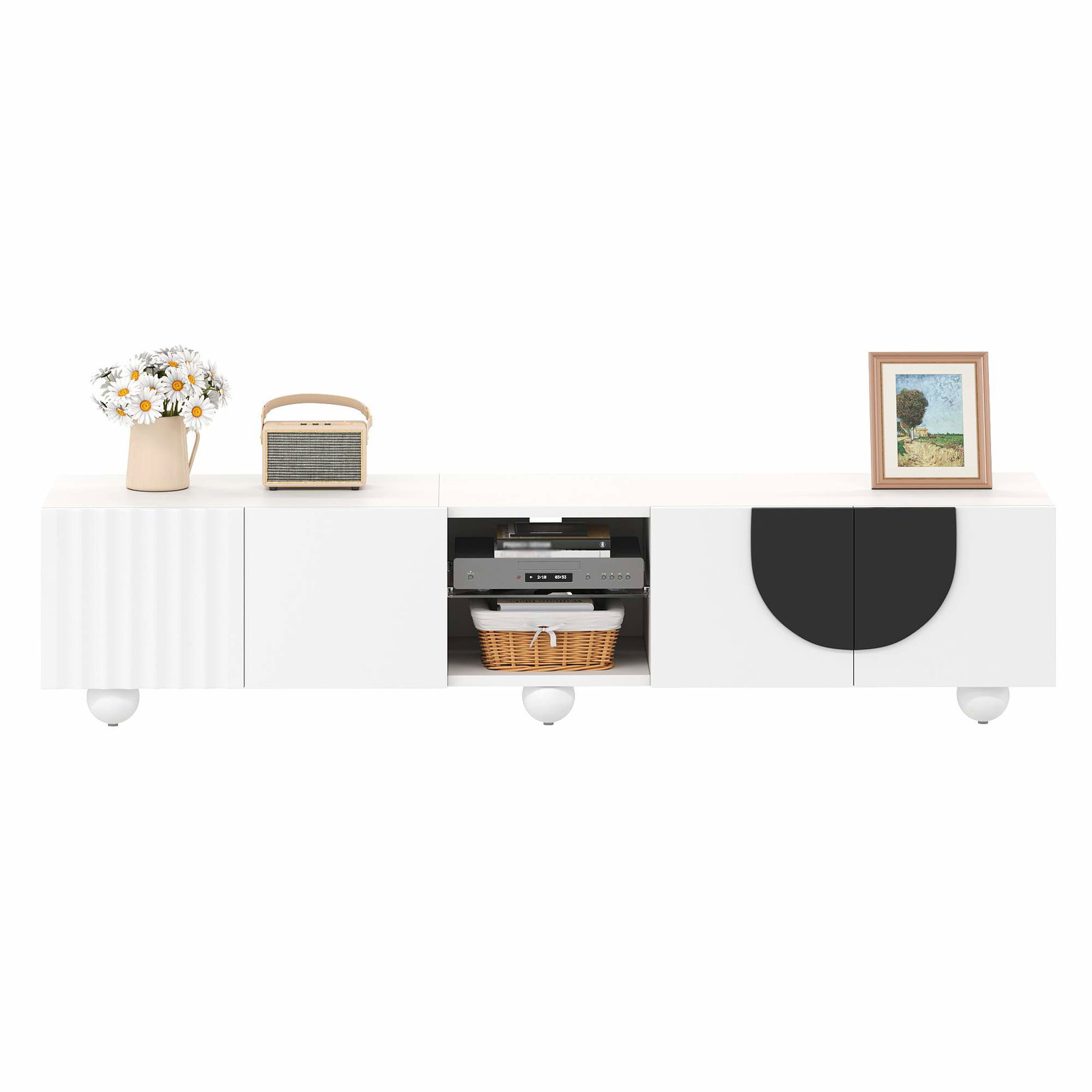 Moderne TV-bord – Sort & Hvid, Tryk-for-at-Åbne, 180 cm