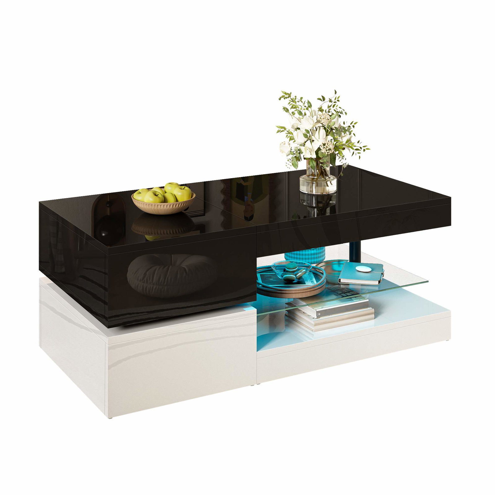 Moderne sofabord med LED-lys, glashylde, blank finish
