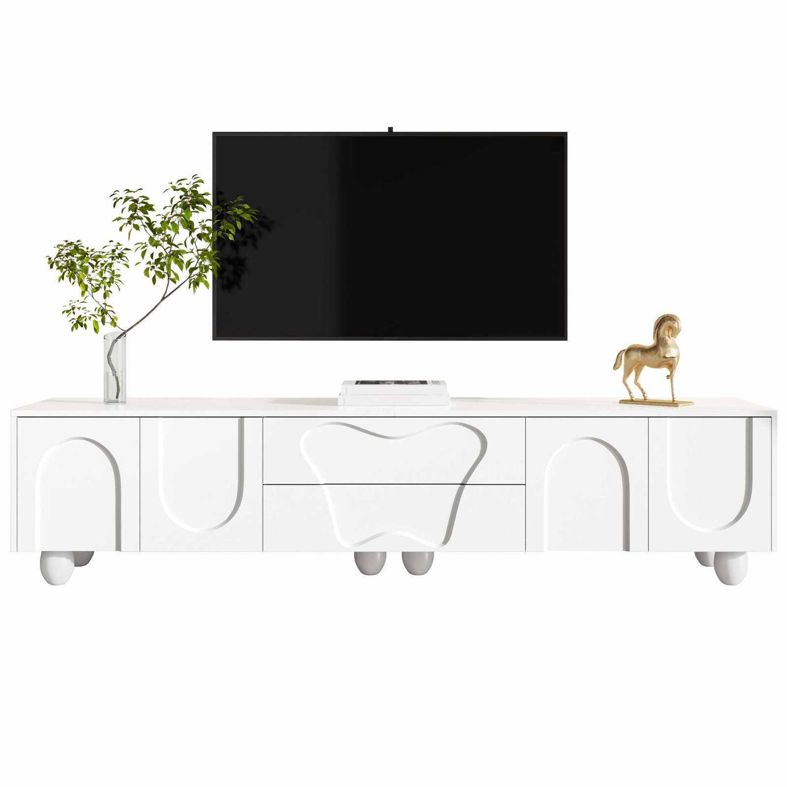 Hvidt TV-bord med opbevaring – 180 cm, træben