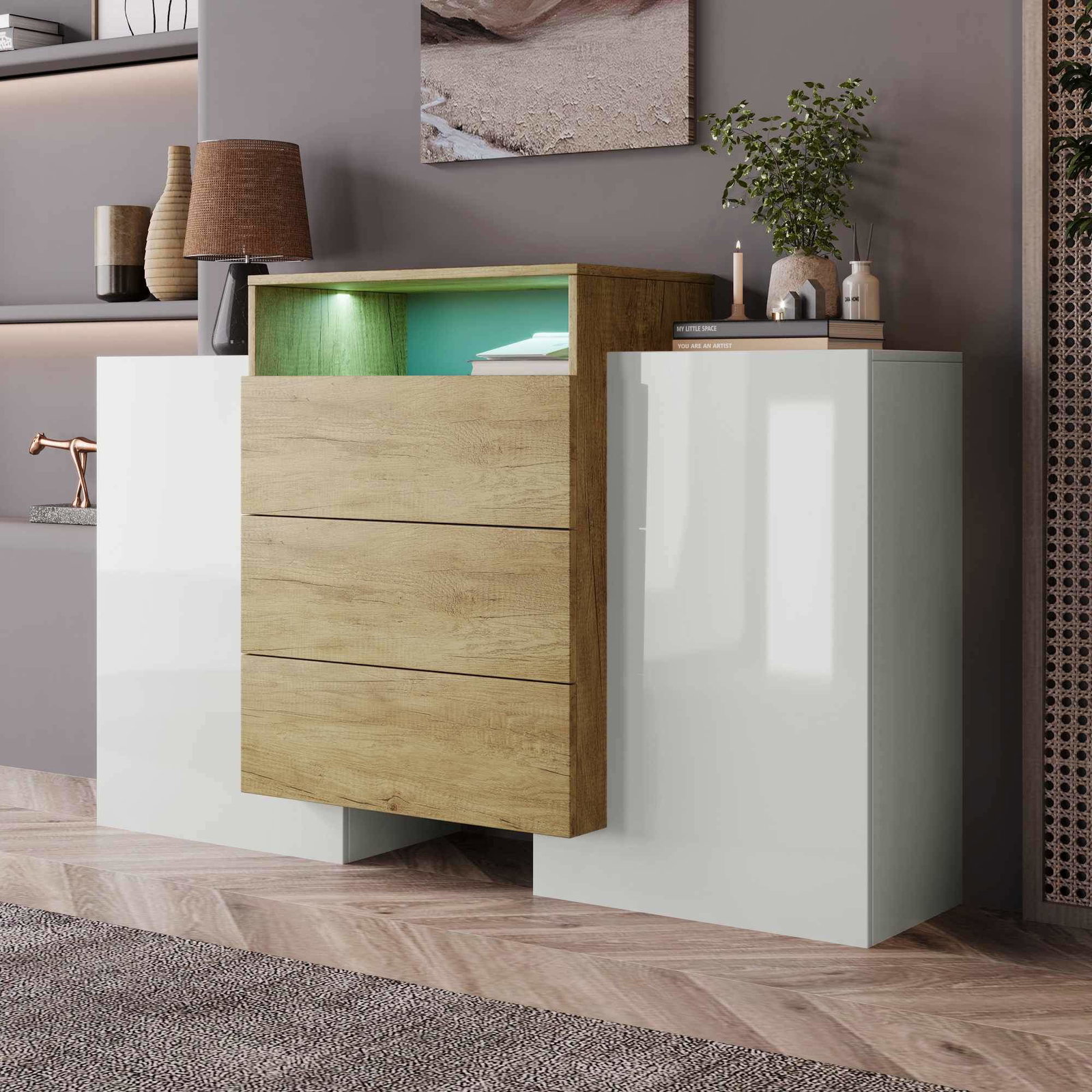 Skænk 140cm – Blank hvid, træ, LED-lys