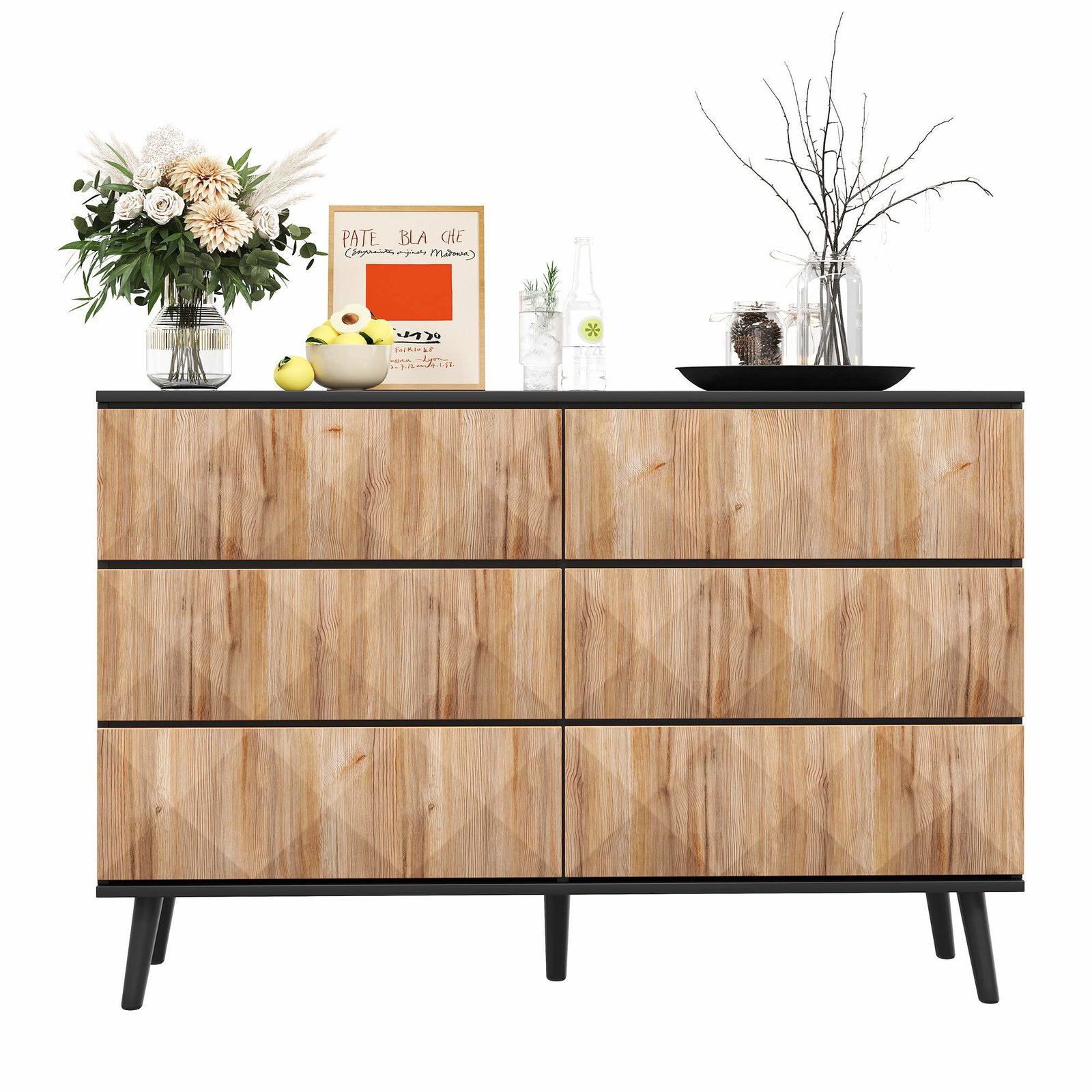 Sort og træskænk – 6 skuffer, geometrisk design