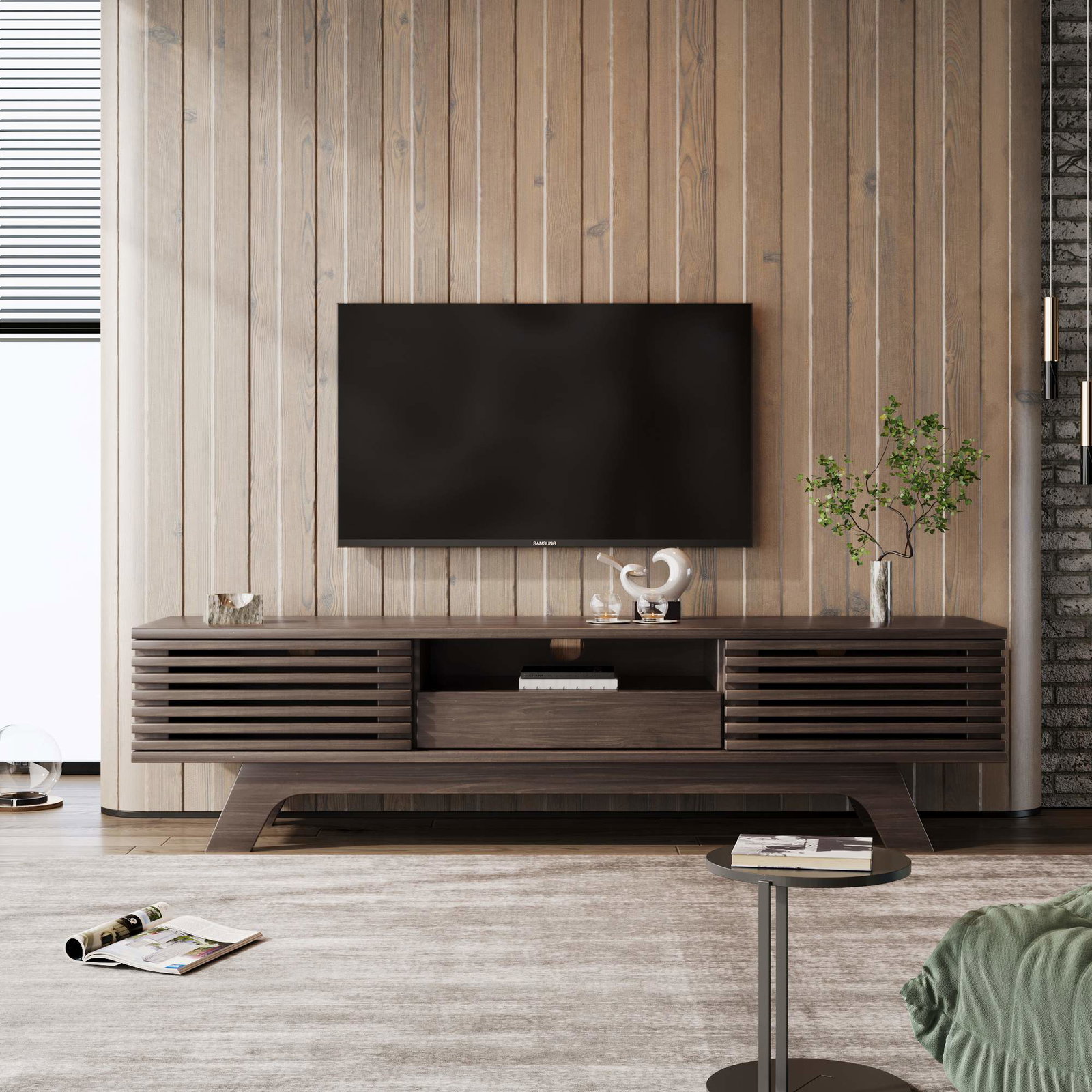 Vintage TV-bord i træ med skuffe og låger, 150x35x44 cm