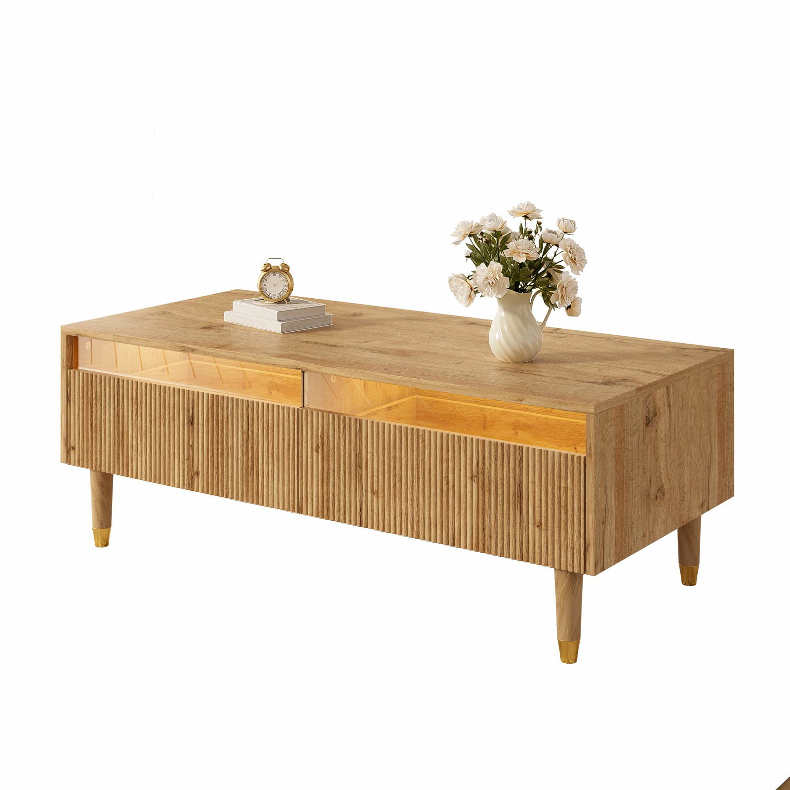 LED sofabord med skuffer – guldben, 110x50x40 cm