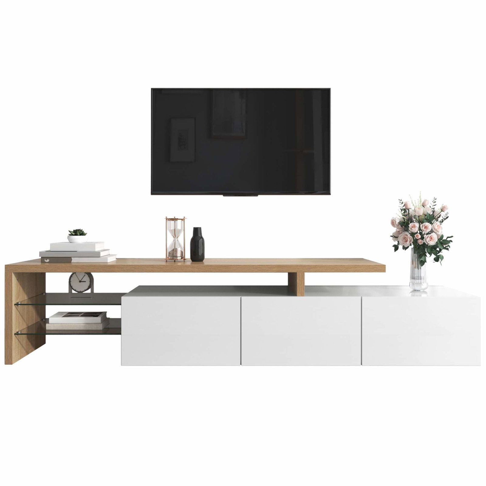 Moderne TV-bord – Hvid, Træfinish, LED-belysning