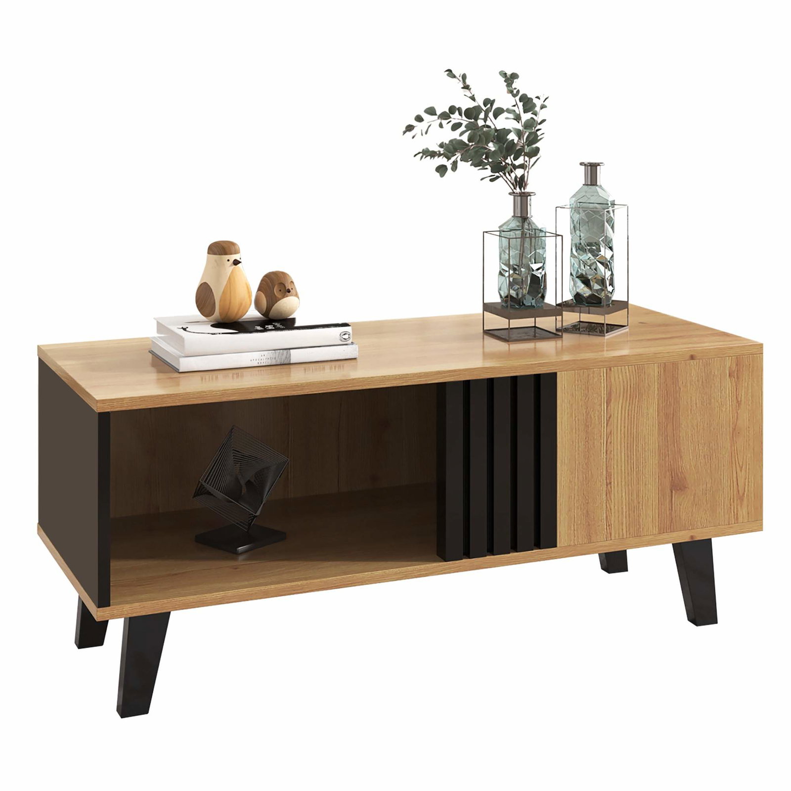 Sofabord i træ og sort med opbevaring – 100x60x45 cm
