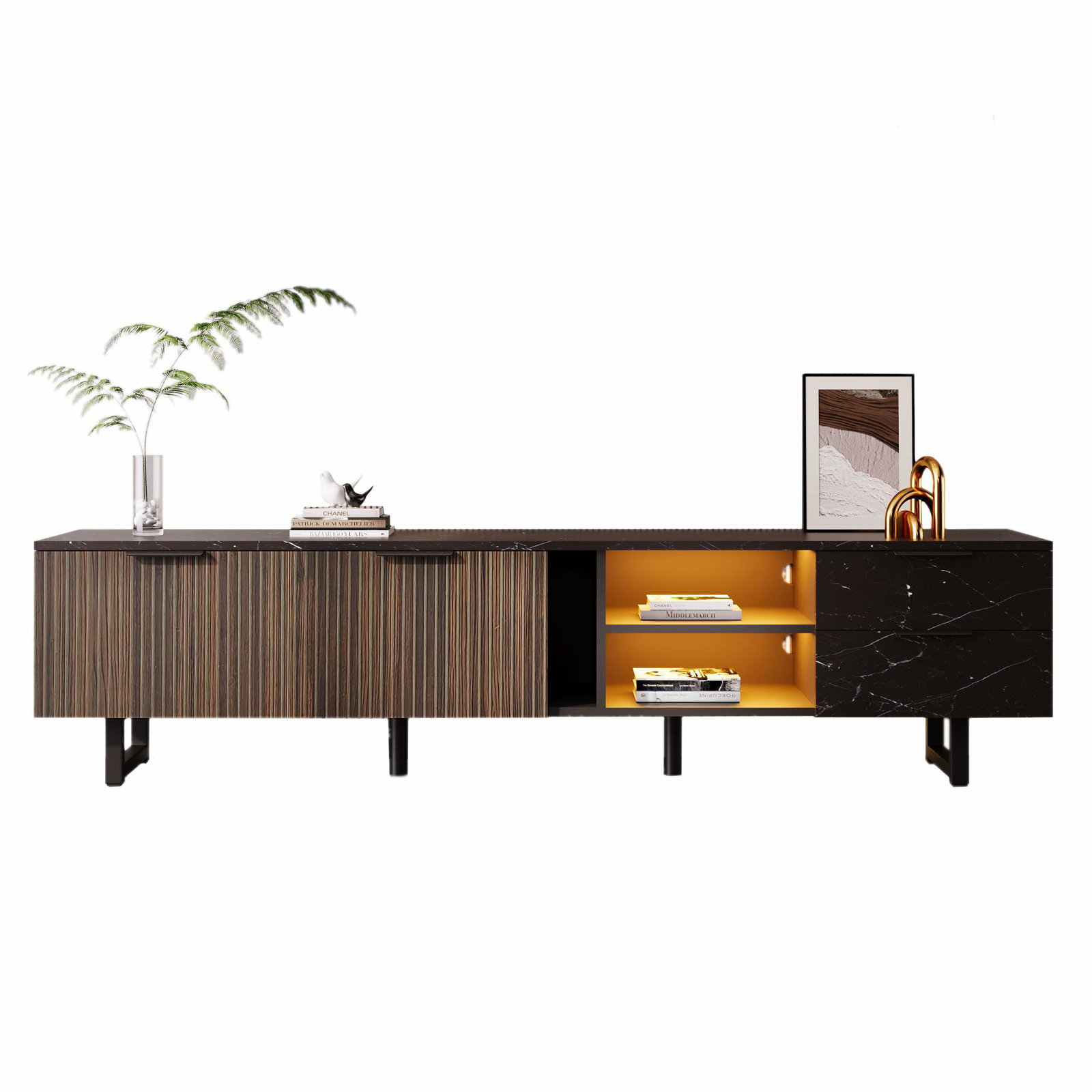 200 cm TV-bord – Sort marmor, træstruktur, LED-lys