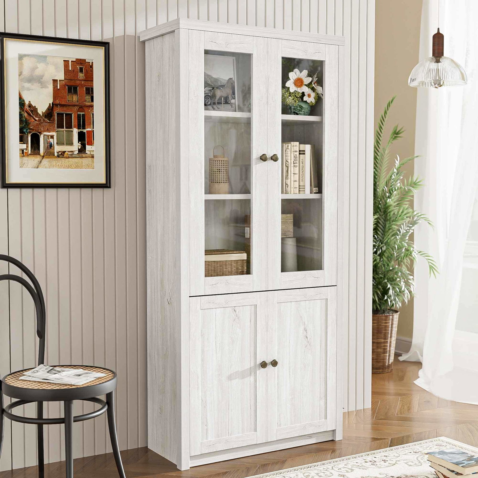 Højskab med glaslåger, kobbergreb – 80x34x171 cm