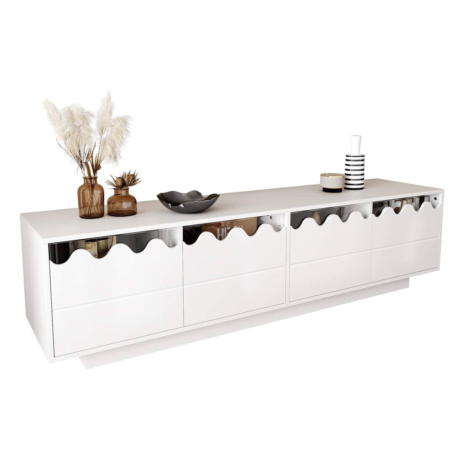 Moderne TV-bord med bølgedesign – 4 døre, glashylder