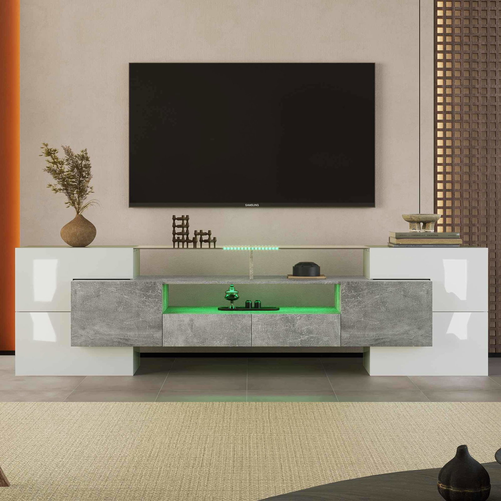 Hvidt, højglans TV-bord med LED-lys – 200 cm