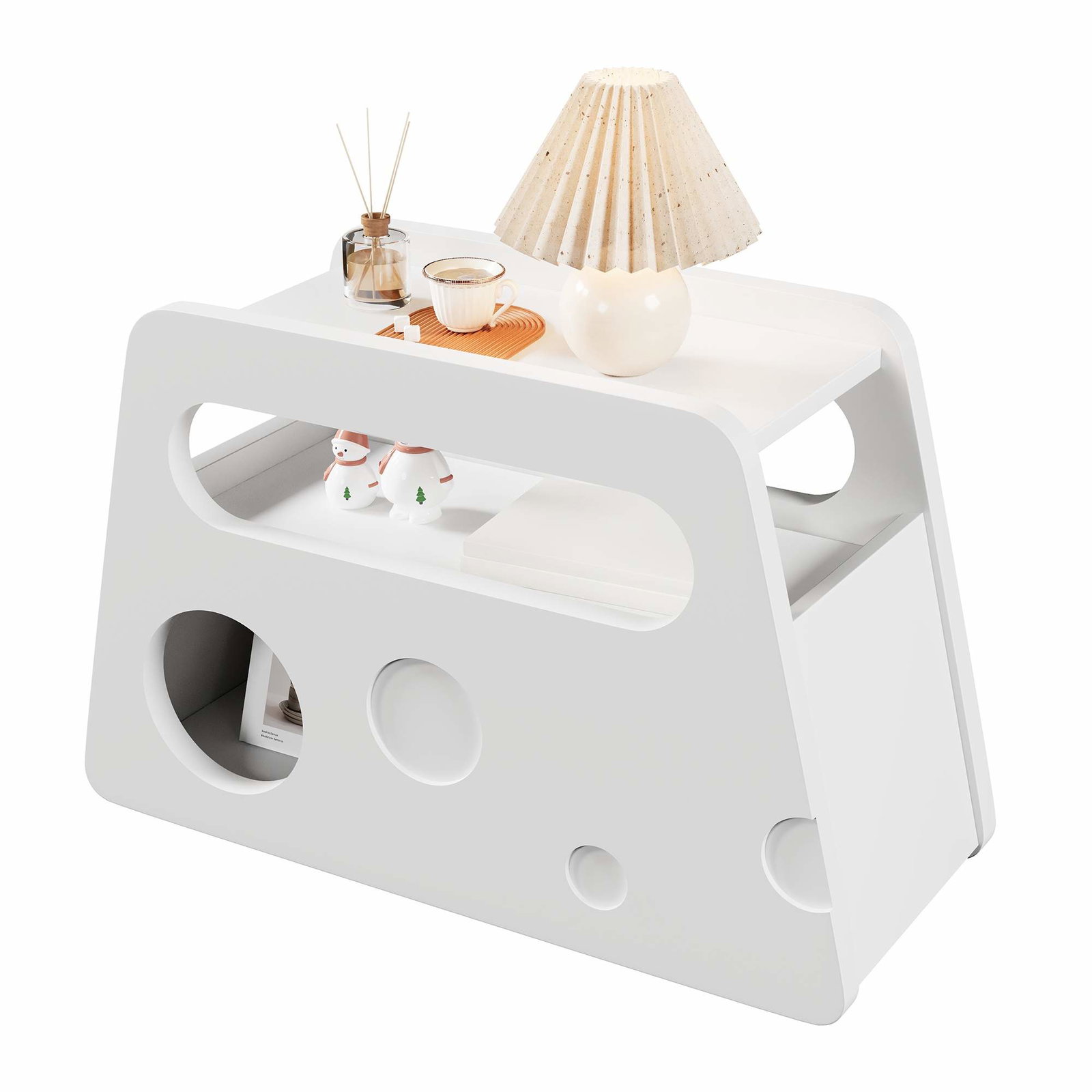 Mobilt hvidt sidebord med sikkert afrundet design