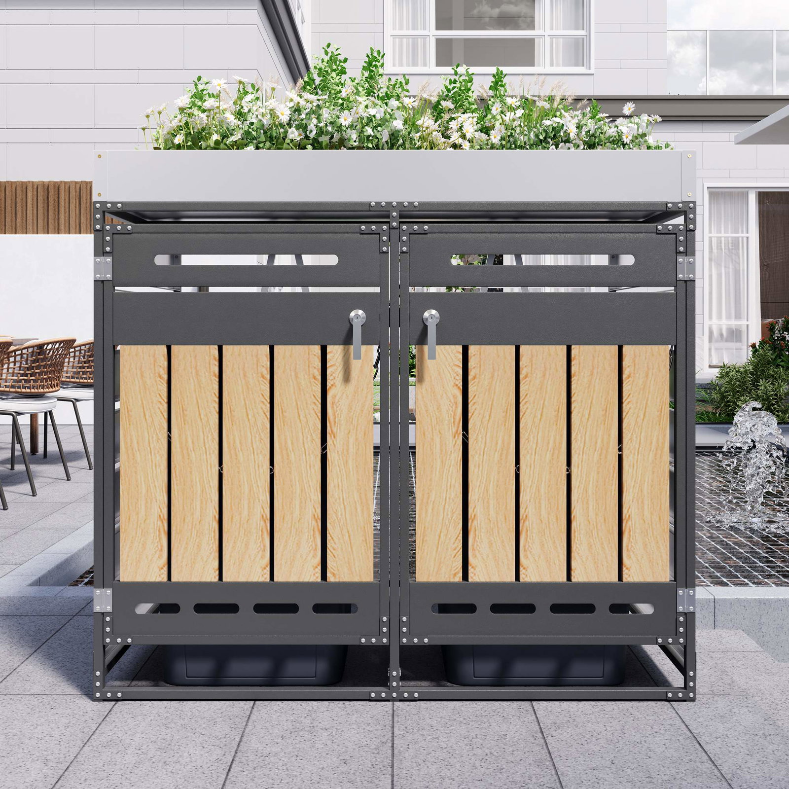 Udendørs opbevaringsskab i jern med plantekasse og ventilation