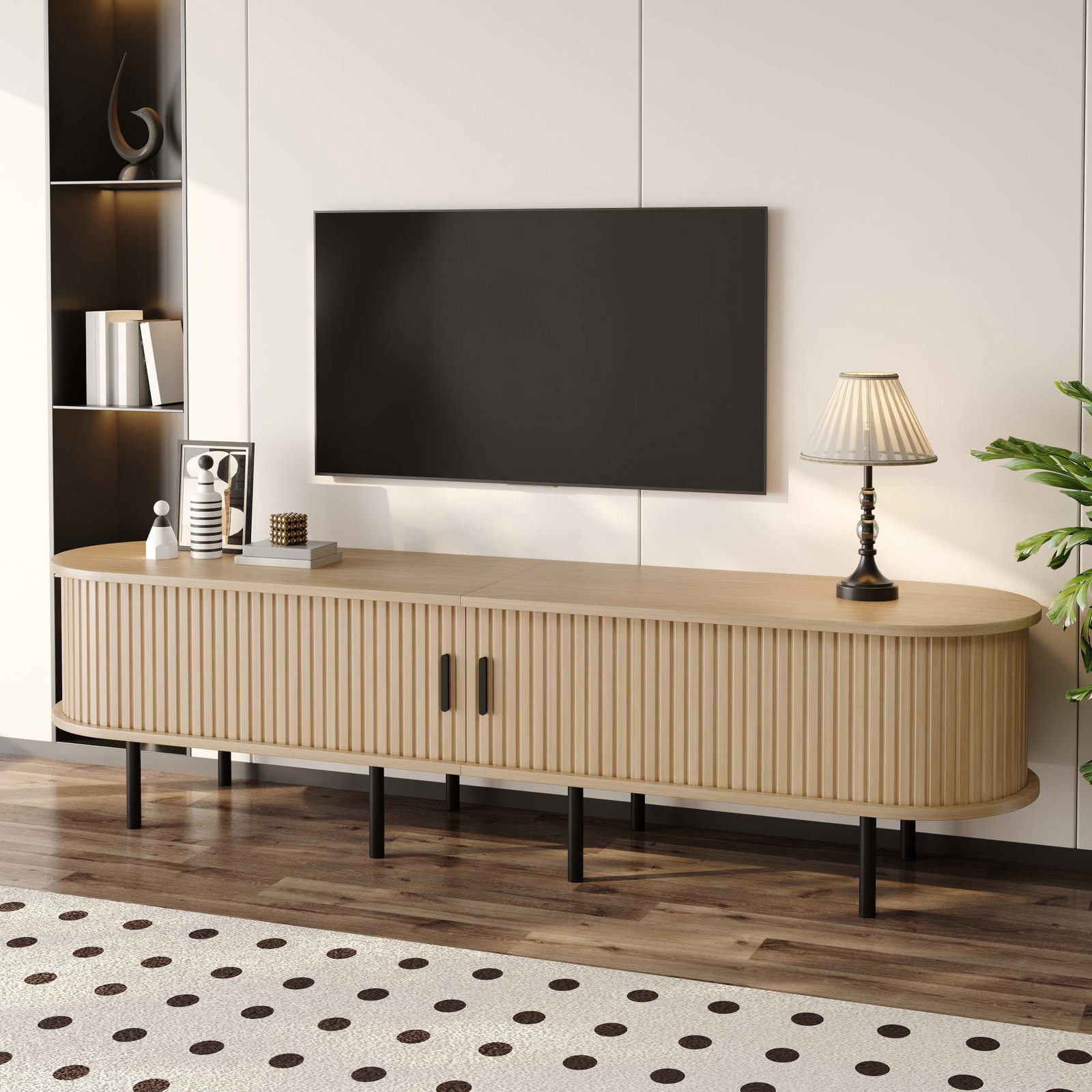 Elliptisk TV-bord med skydedøre – MDF, metalben
