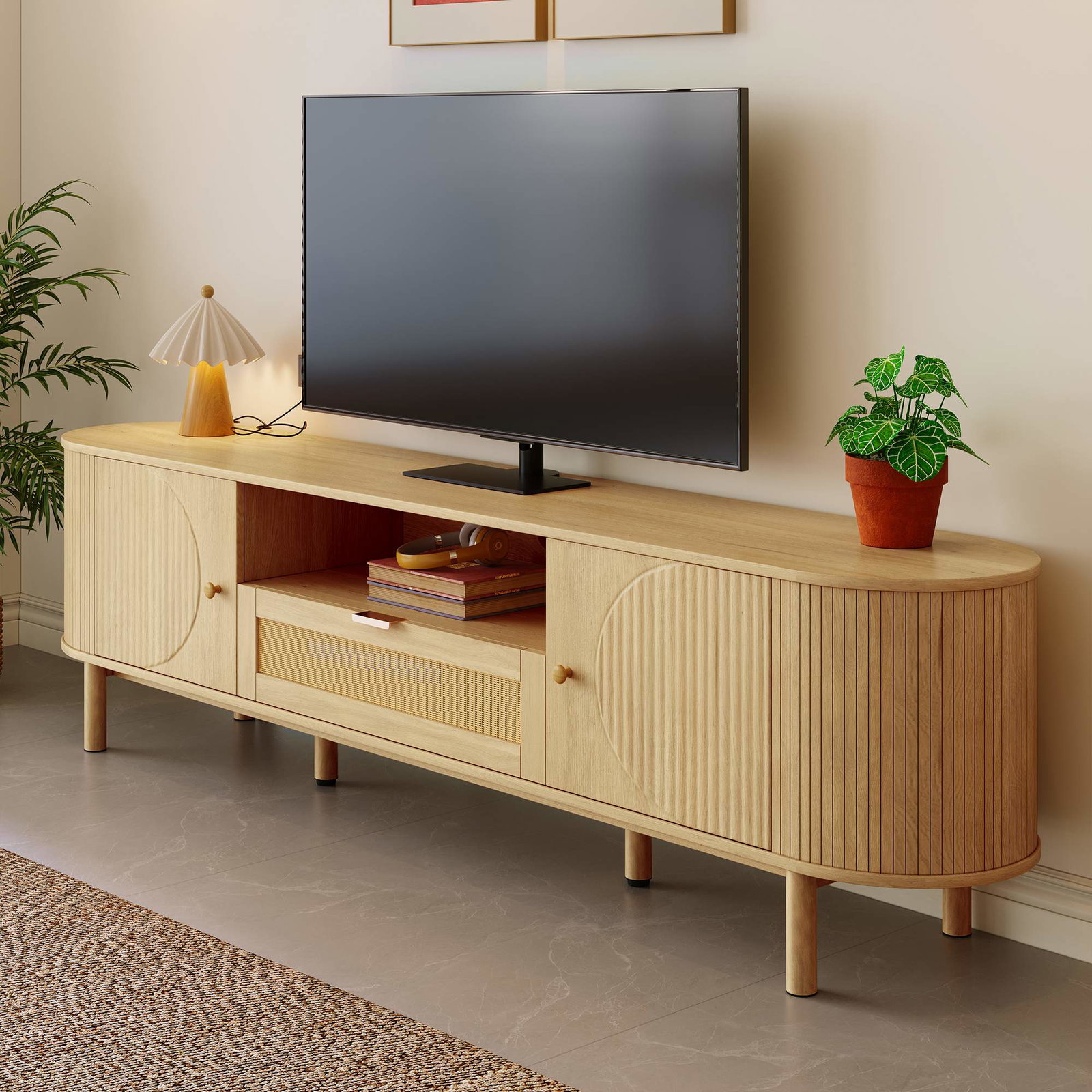 Moderne TV-bord med rattanskuffer – træfinish