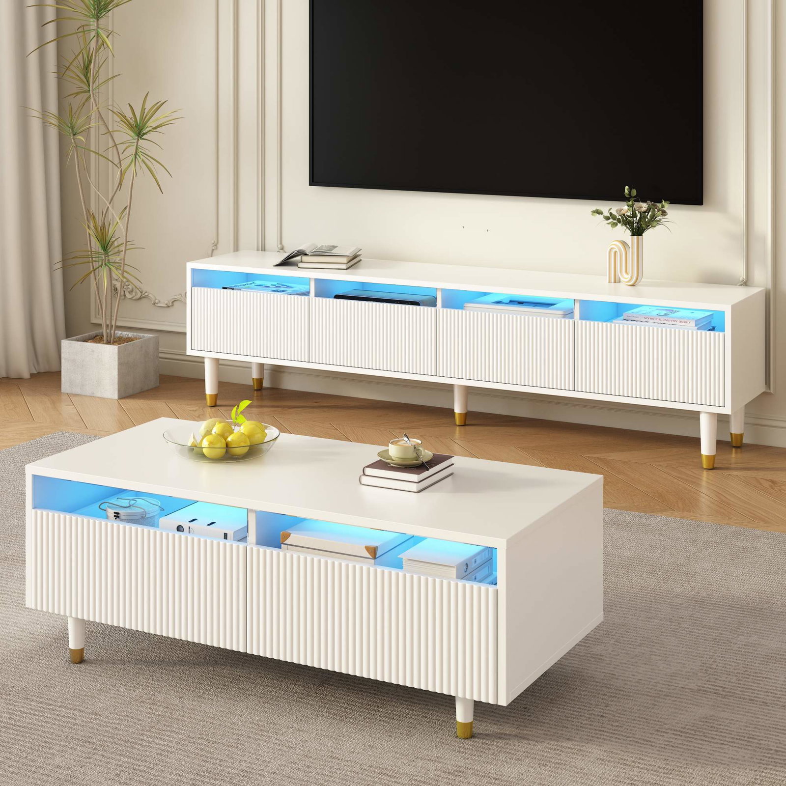 LED TV-bord og sofabordsæt – Hvidt og guld design