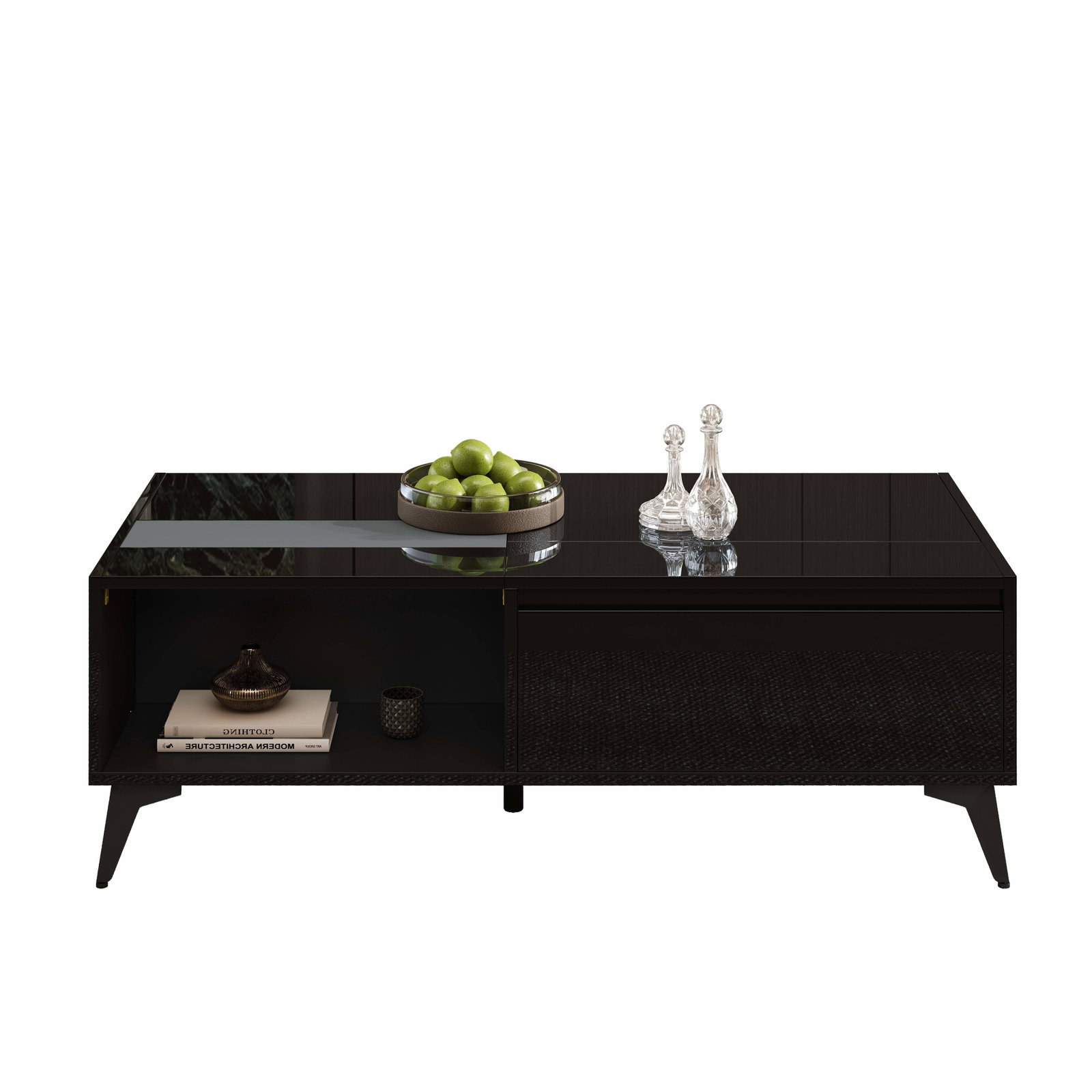 Sort sofabord i højglans – justerbart, opbevaring, 110x50x48cm