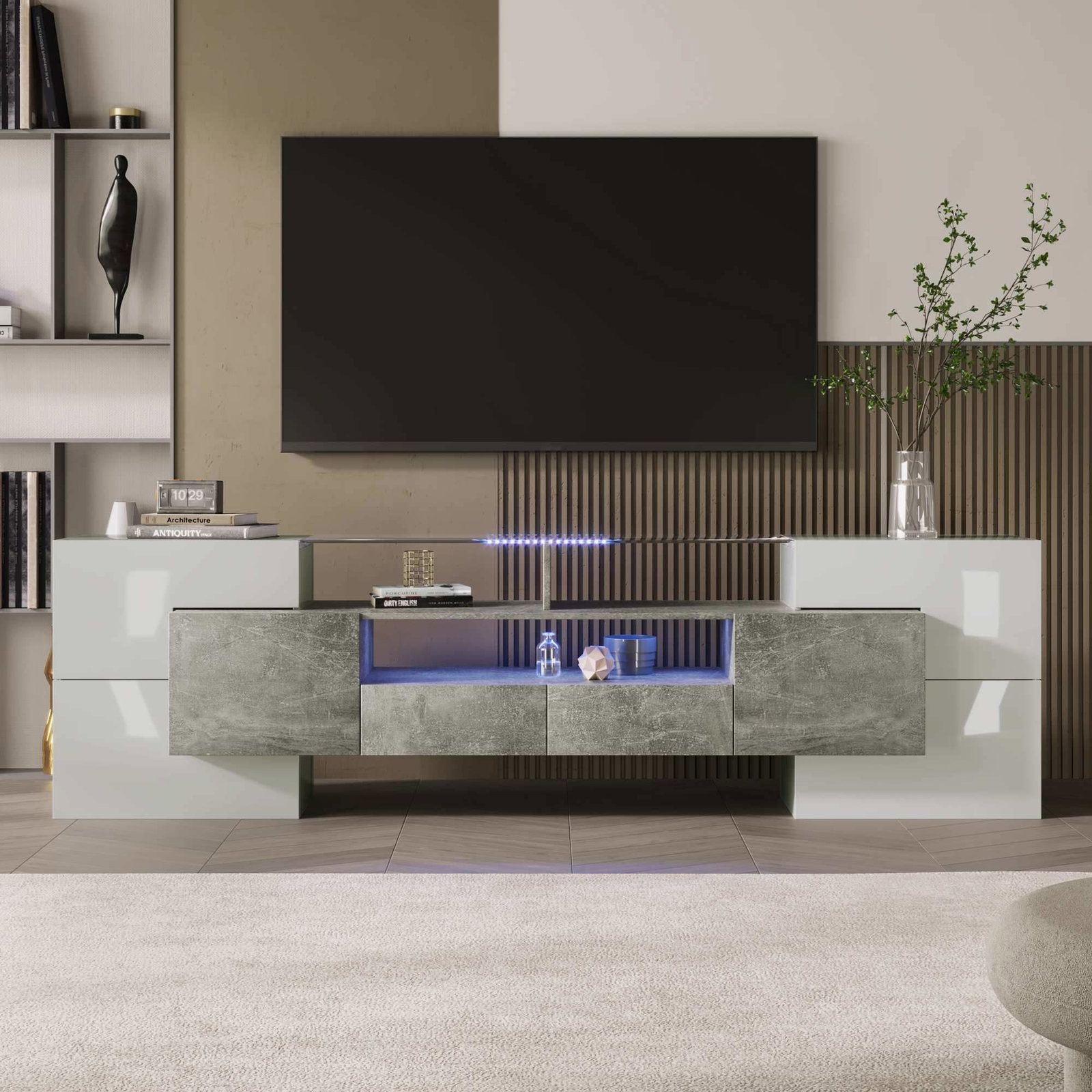 Højglans TV-bord med LED-lys – 200 cm, hvid/grå