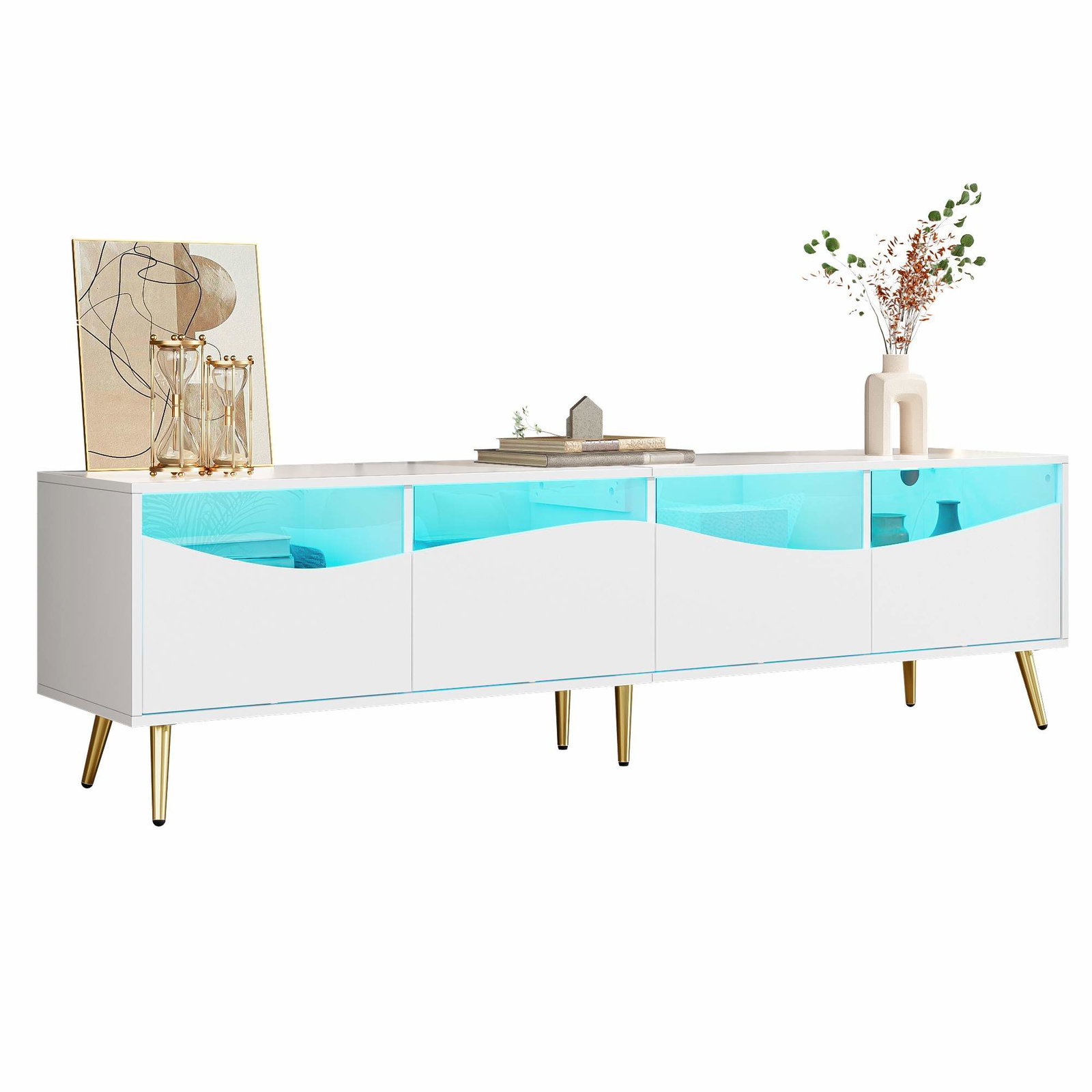 Moderne TV-bord med LED, glasfront og opbevaring