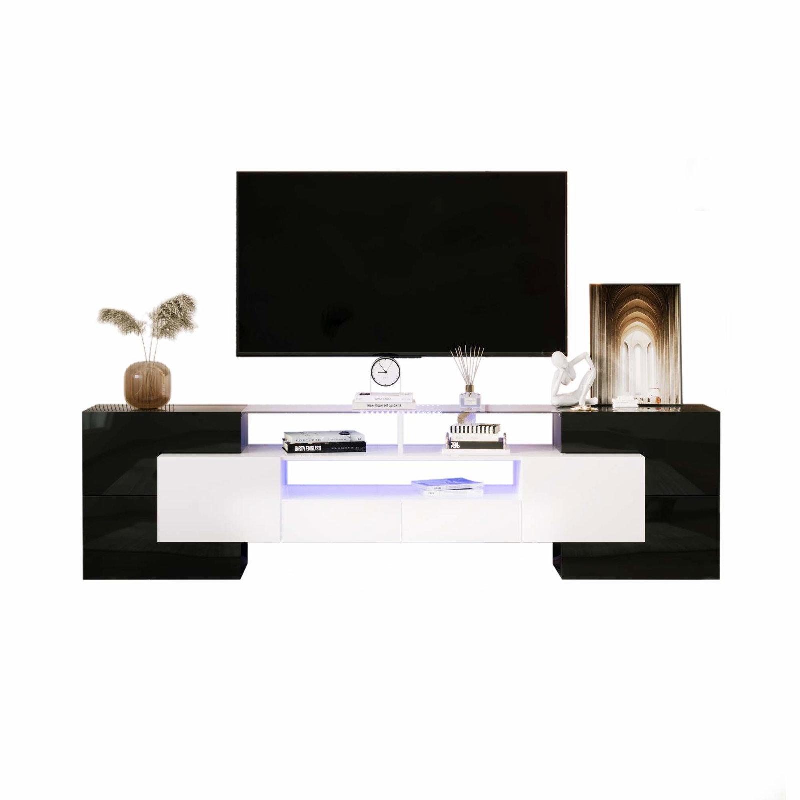 Moderne TV-bord med LED-lys – 200 cm, glasfinish