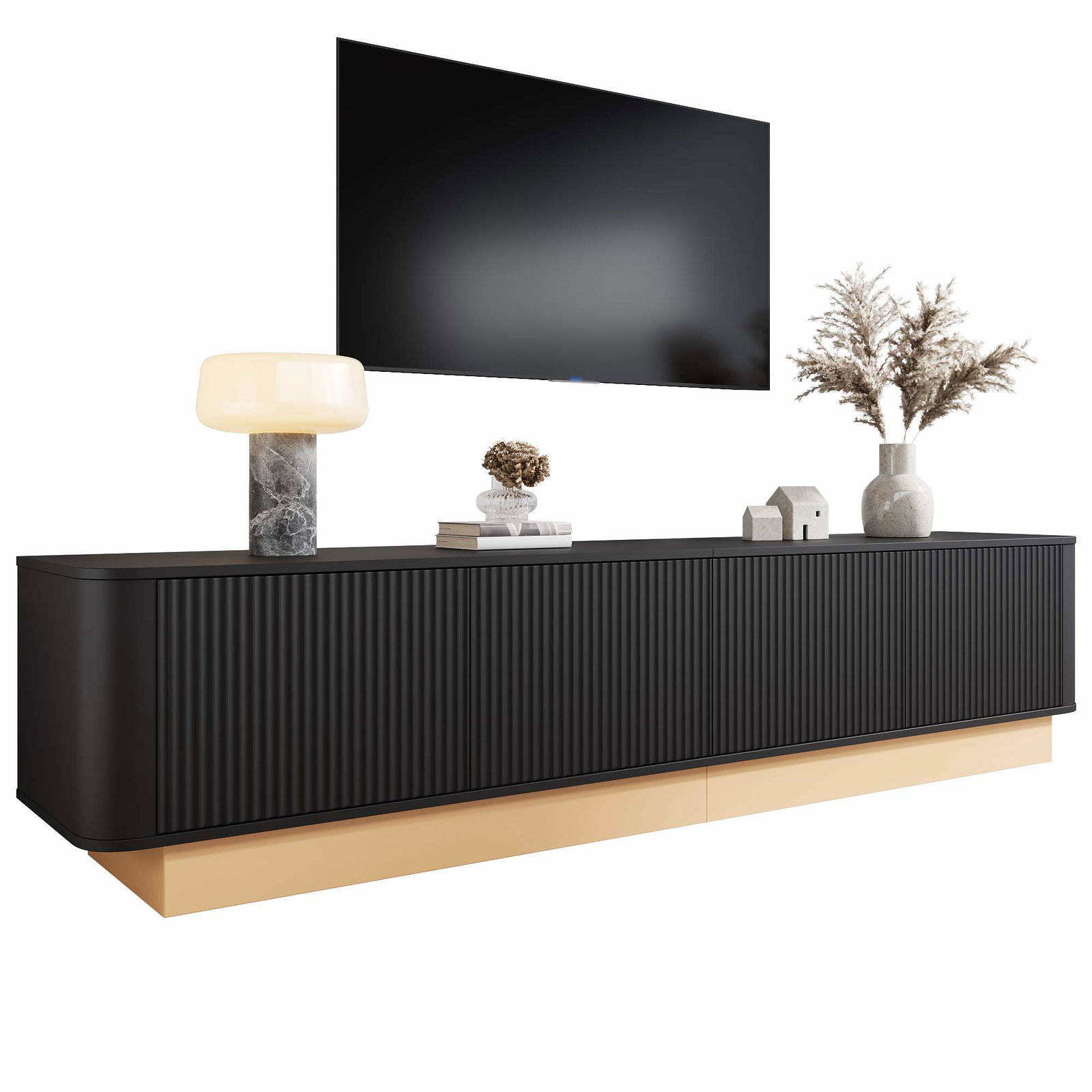 200 cm TV-bord – 4 døre, justerbare hylder, MDF