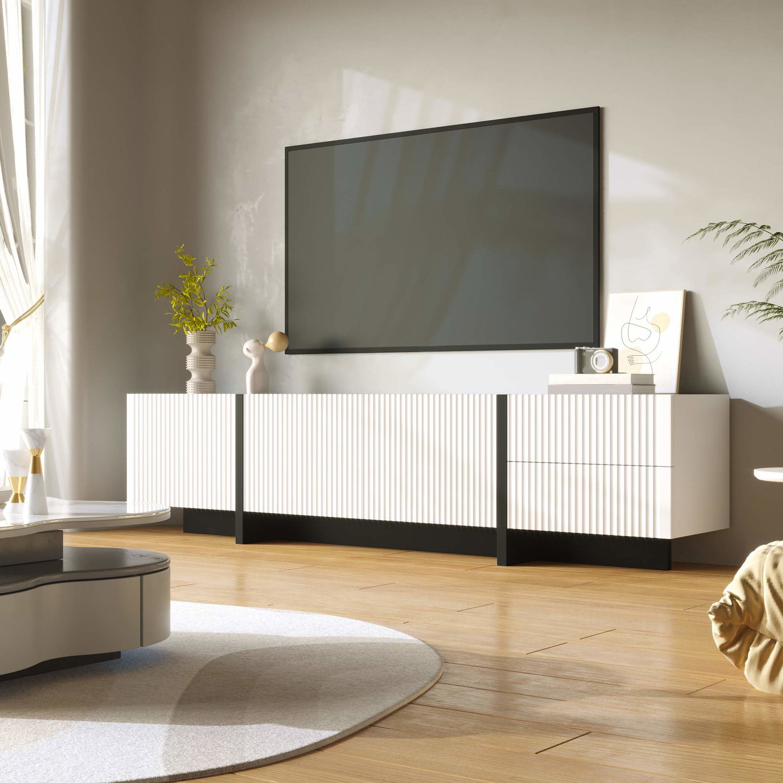 190 cm TV-bord – 3 døre, 2 skuffer, sort og hvid