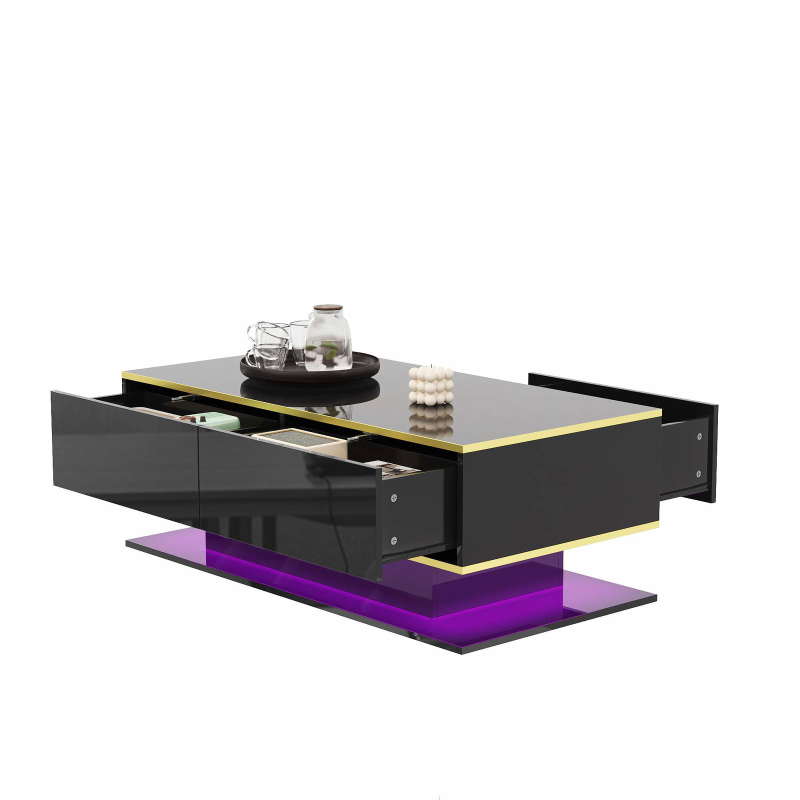 LED sofabord – blank sort, guldkant, 3 skuffer
