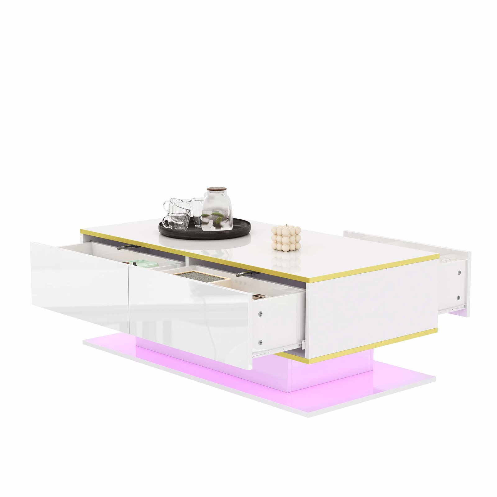 LED sofabord med guldkant, blank finish, 3 skuffer