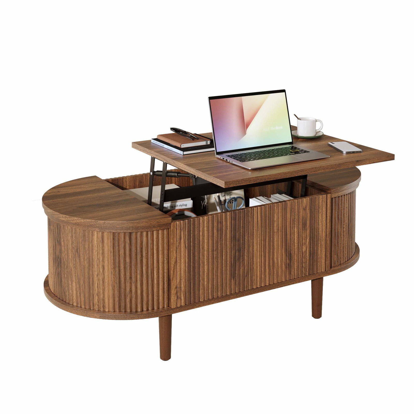 Justerbart ovalt sofabord med opbevaring – Vintage-stil