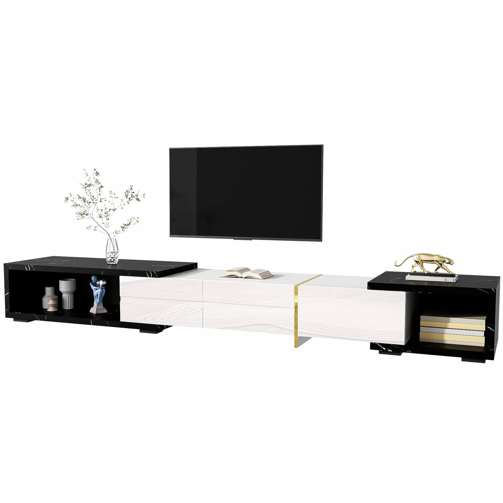 Justerbar TV-stander – Sort marmor, hvid blank finish