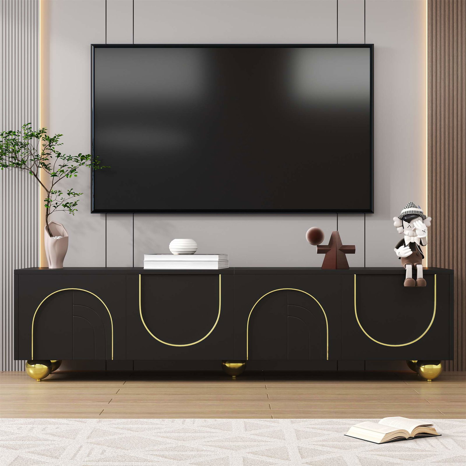 Sort og guld TV-bord – Push-Open, 170 cm