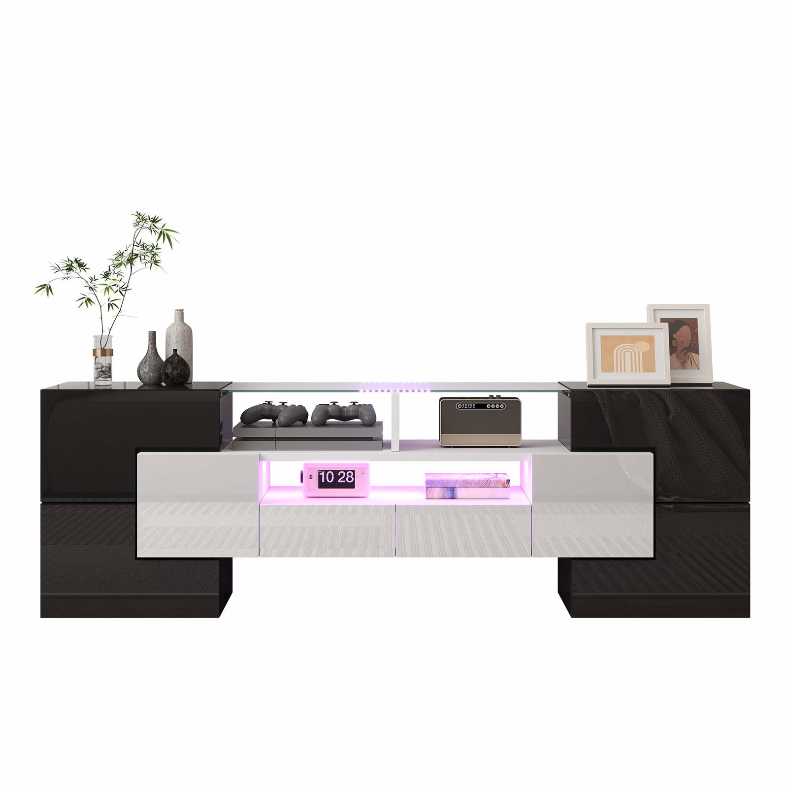 Hvidt, højglans TV-bord – LED-lys, glasoverflade, 145 cm