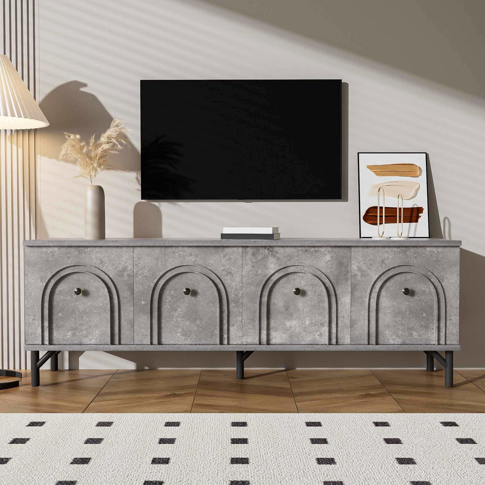 Moderne TV-bord med 4 døre – Grå, 160 cm – Soft-Close hængsler