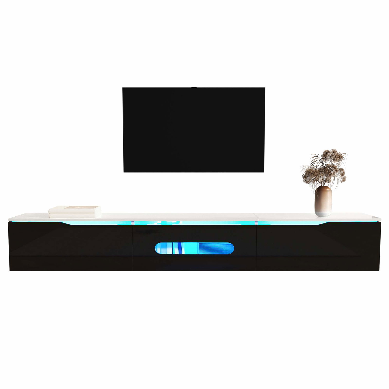 Sort/hvidt TV-bord, 180 cm, LED-lys, kan monteres på væggen