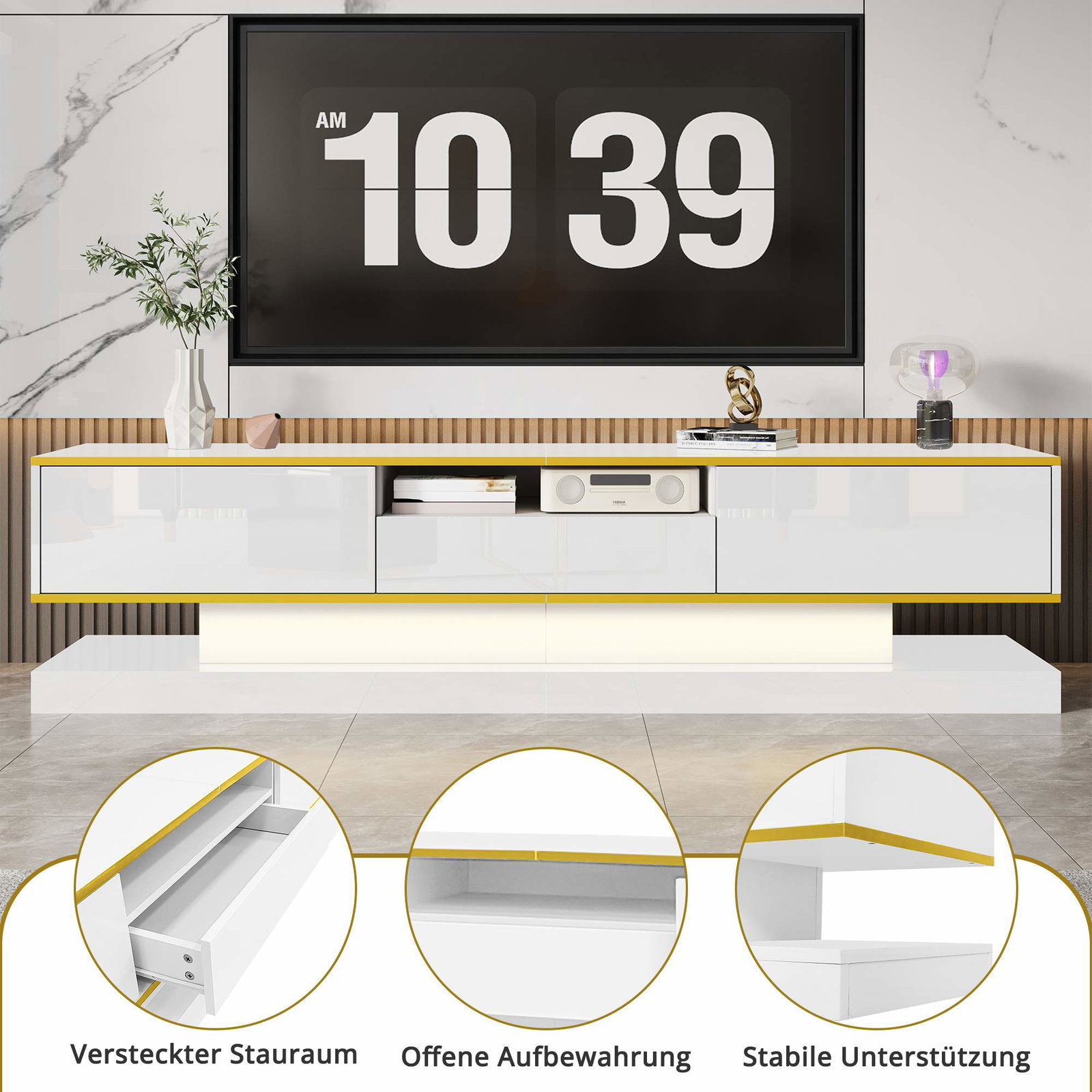 Moderne TV-bord med skuffer og LED-lys, 180x38x45cm