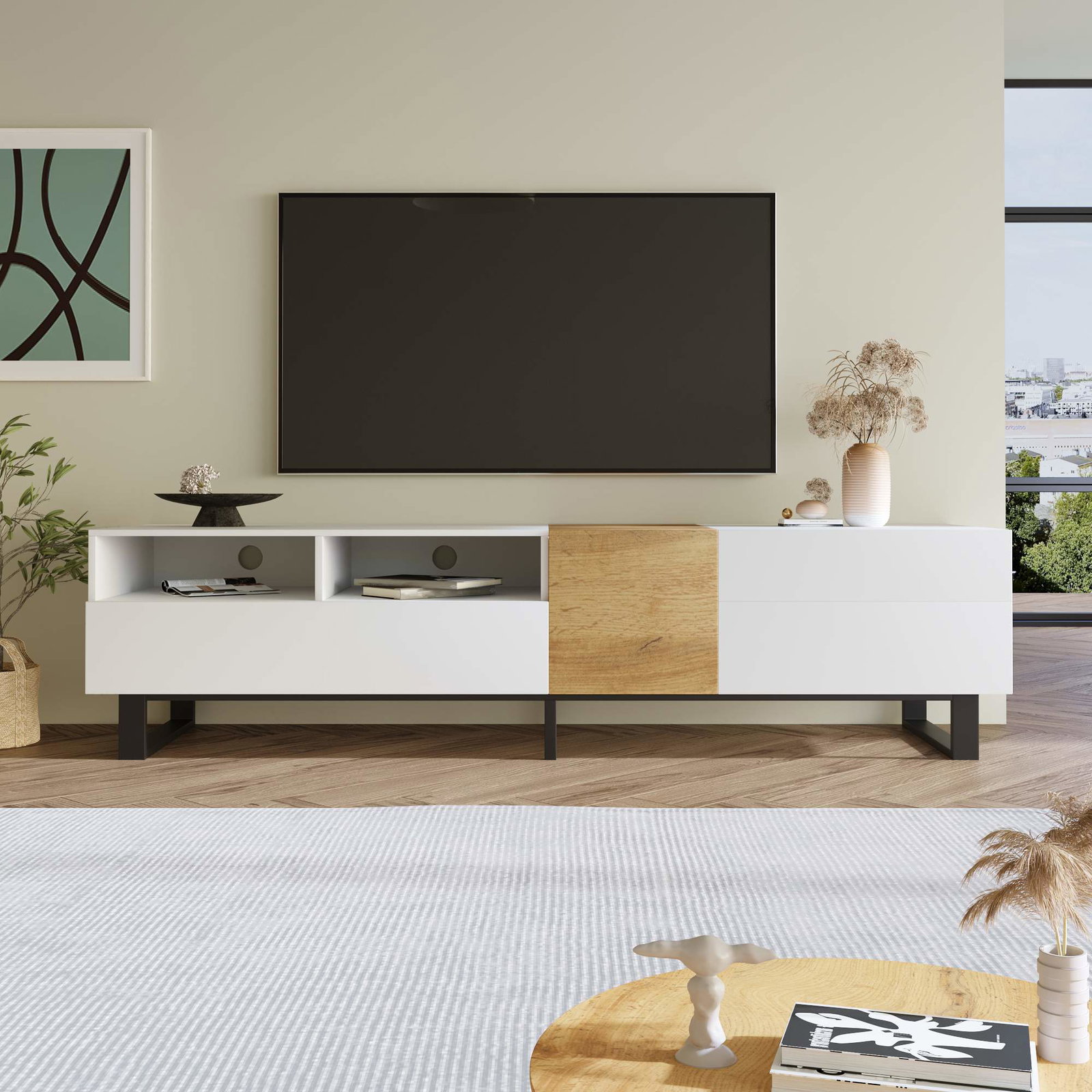 Moderne TV-bord, hvidt og trælook, 180 x 50 x 38 cm