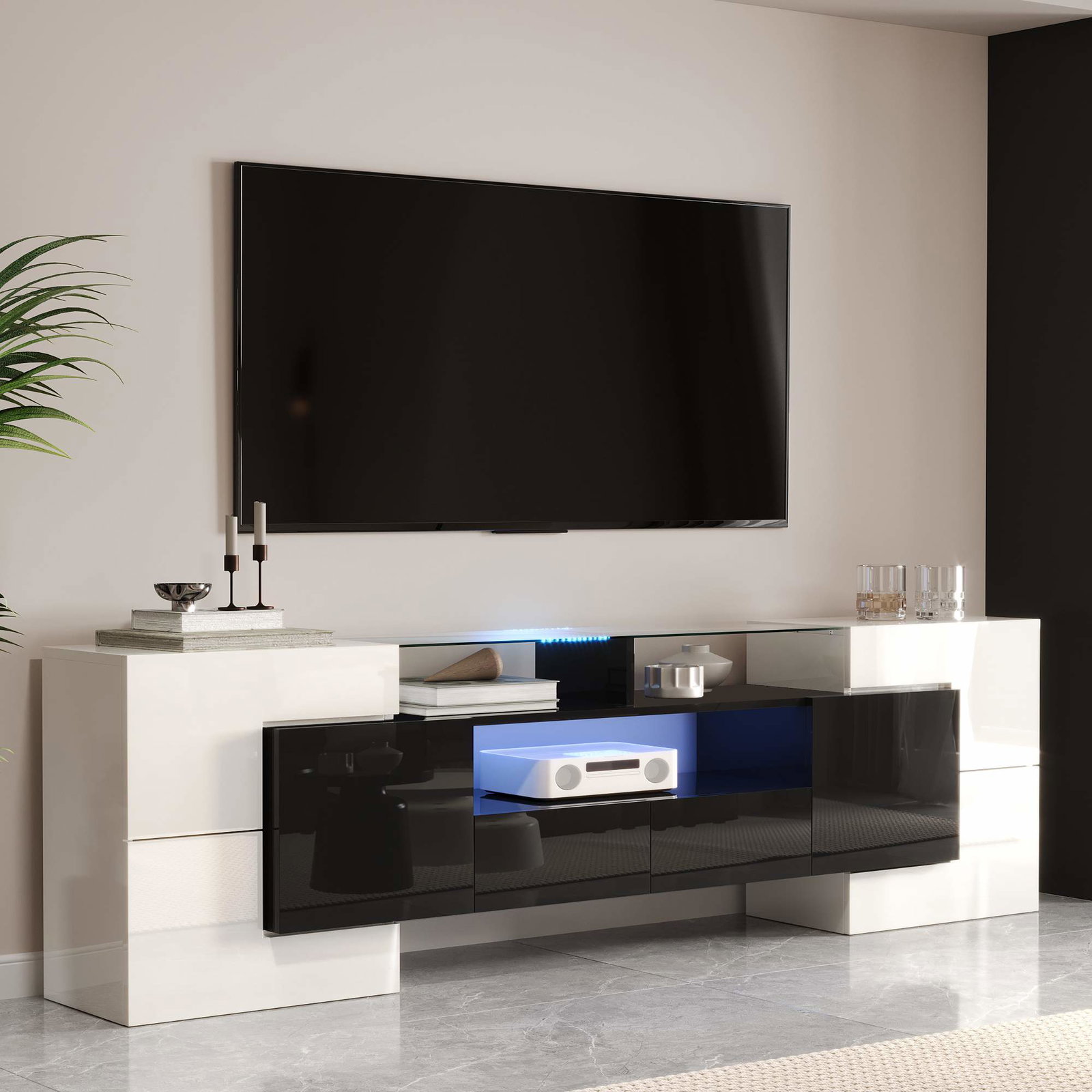 Moderne TV-bord med LED-lys – blank sort og hvid