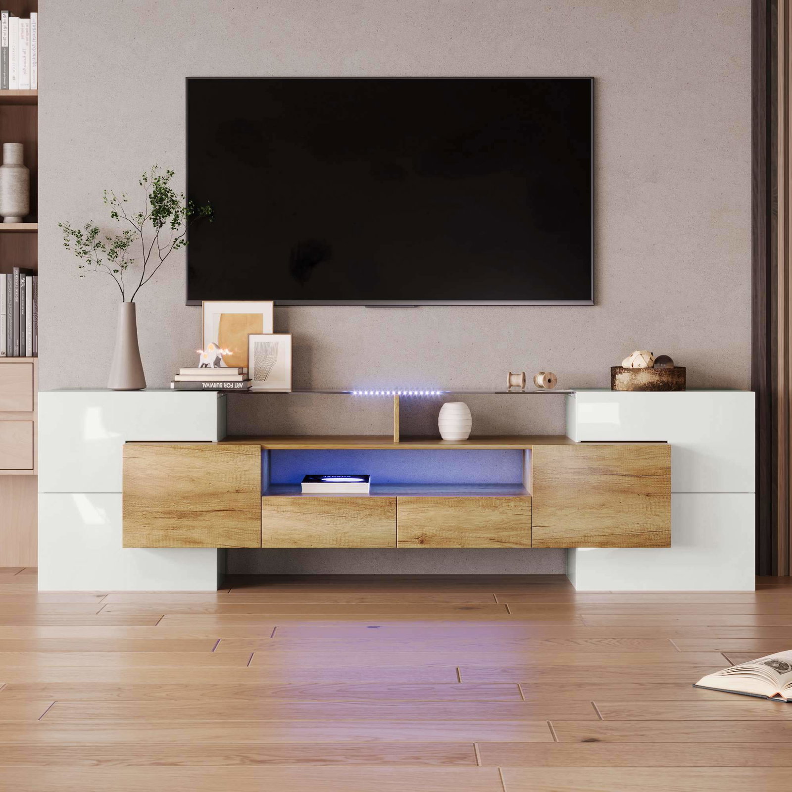 TV-bord i hvid højglans – 200 cm, LED-lys