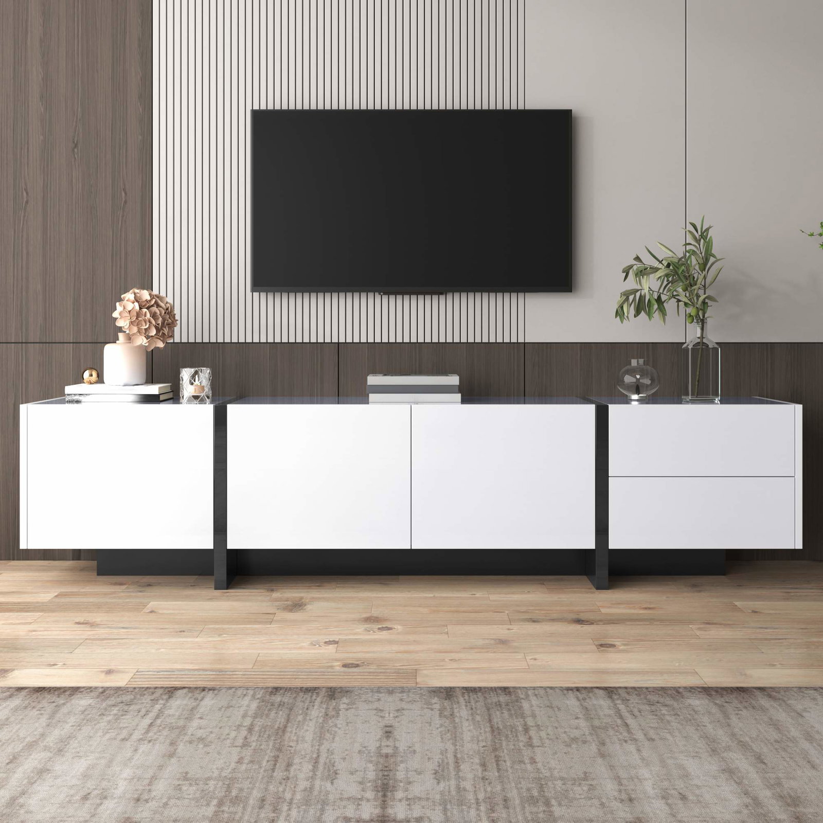Højglans TV-bord – Sort & Hvid, 3 døre, 2 skuffer