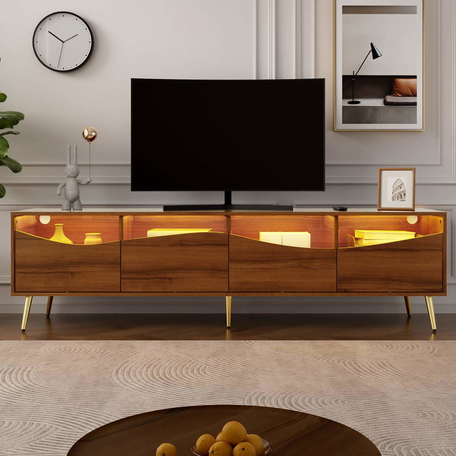 Moderne TV-bord med LED, glasfront og opbevaring, 180 cm