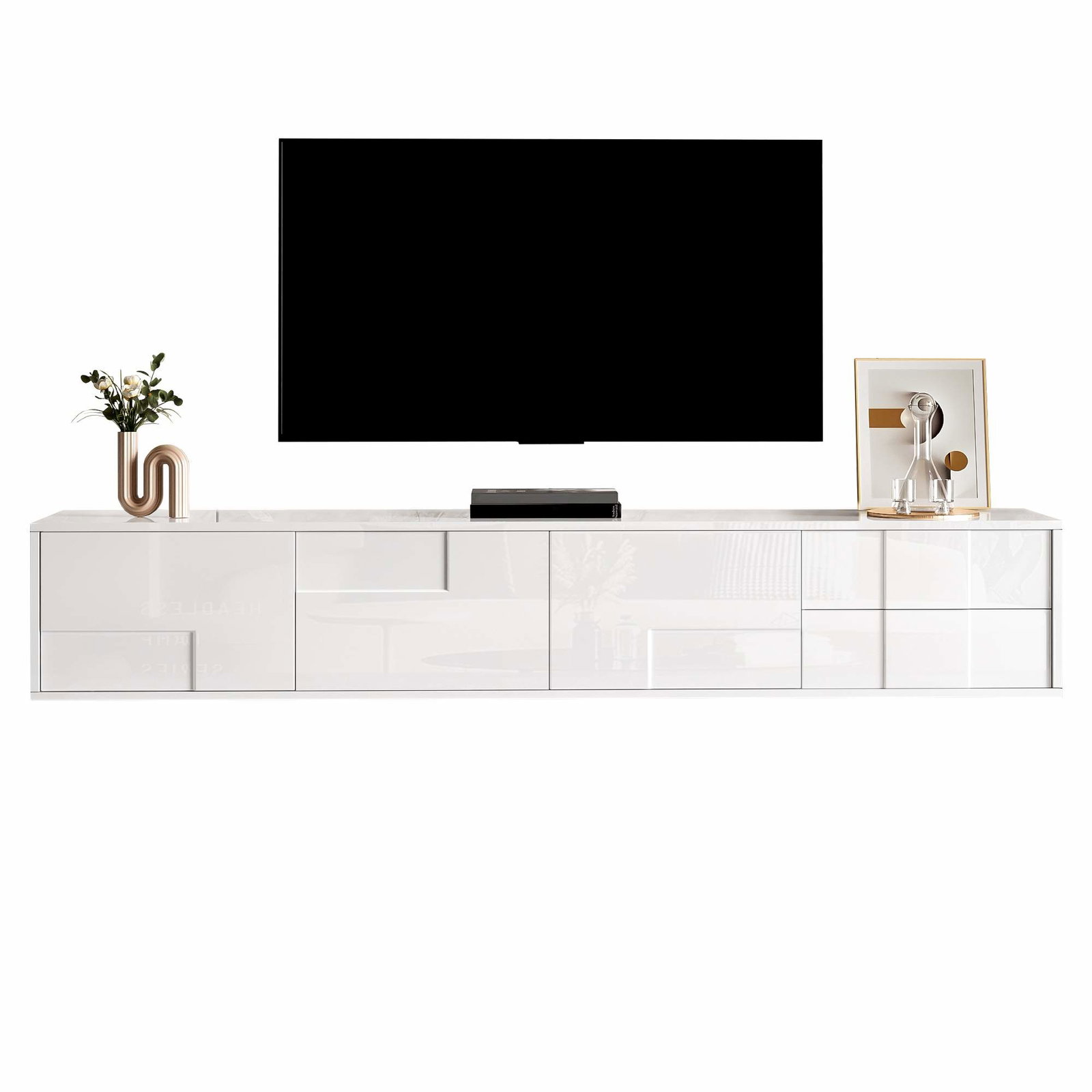 Hvidt, højglans TV-bord – 170 cm, svævende eller stående